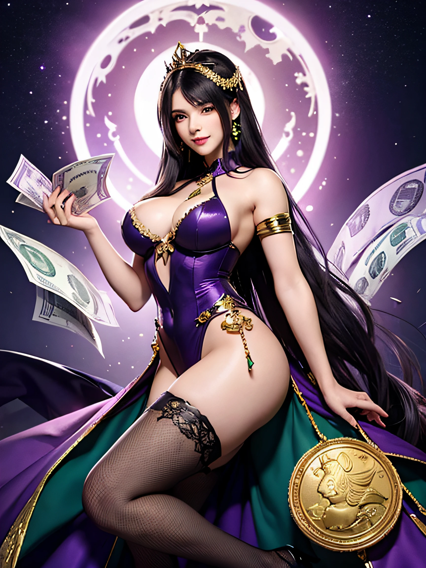 magnificent woman, purple and black clothes, illustration, full body image, detailed beautiful face, sexy look, smiling seductively, green eyes, black hair, floating money (dollar notes), in the background to the right of the woman is a chest with gold on which the green moon shines in the dark background.