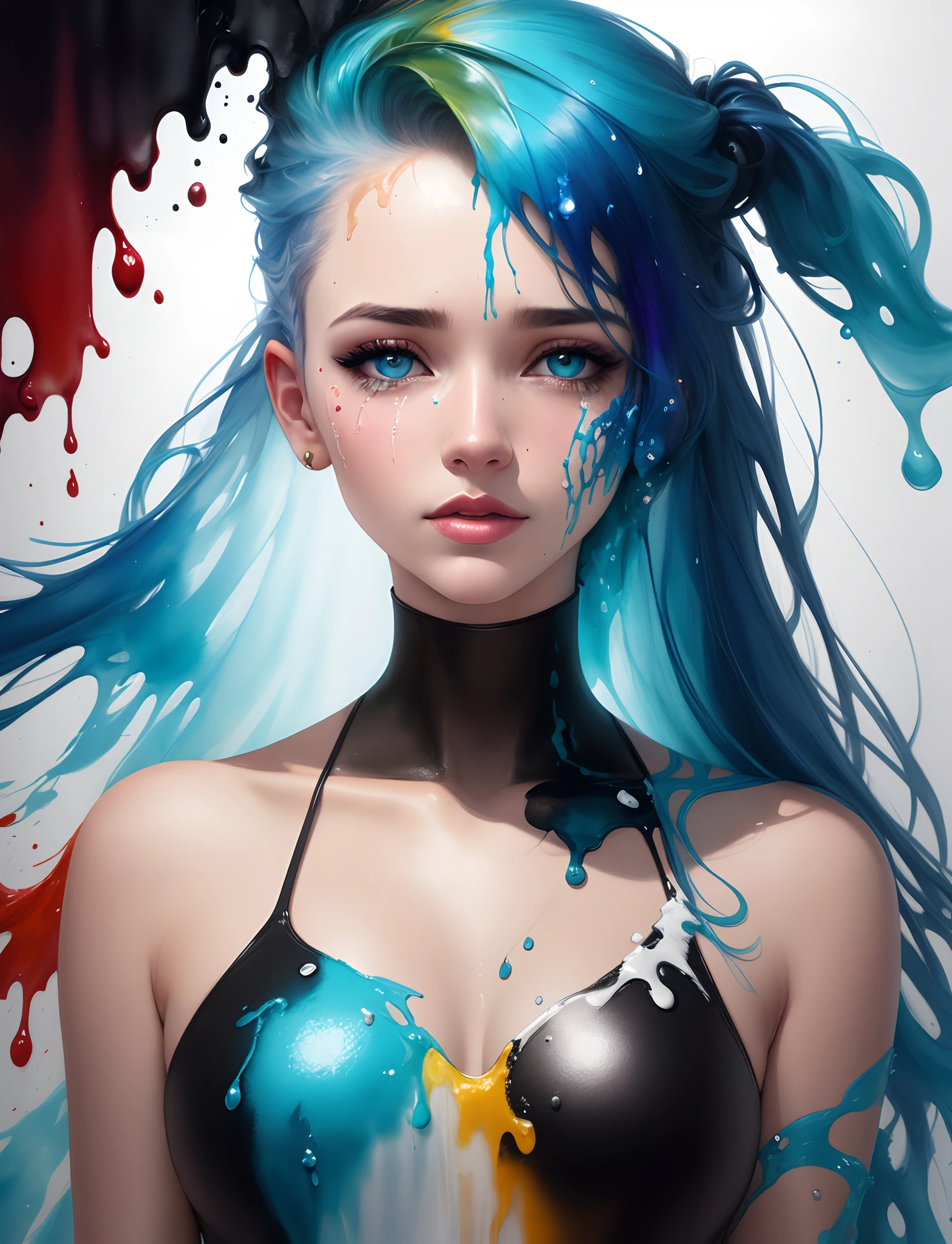 "front view", <lora:drip_paint:0.3> statue of a beautiful female bust, bust only, mid-body only, colorful drip_paint <lora:statue:1>