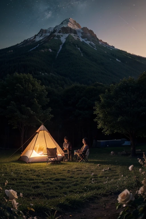 pinterest banner in landscape format Expansive landscape photograph，（look from down，Above is the sky，Below is an open lawn），Triangle tent，A young couple looking at the stars，starrysky，（moon full：1.2），（meteors：0.9），（Starcloud：1.3），Triangle tent，Hillside camping tents, bonfires, luz de velas，Rose blanche，Other details,Far Mountain, Tree BREAK making art，（Warm light source：1.2），（glowworm：1.2），lamp lights，Lots of purple and orange，Complicated details，Volumetriclighting，Realism BREAK，Natural elements in camping theme。Mysterious mountain view，Beautiful summer night sky，great outdoors，Surrounded by white roses，Delicate leaves and branches are surrounded by fireflies（nature elements），（"camping" Theme），（glowworm），（Particle effect）and other 3D， Octane rendering，Ray traching，Super meticulous 16:9 ratio