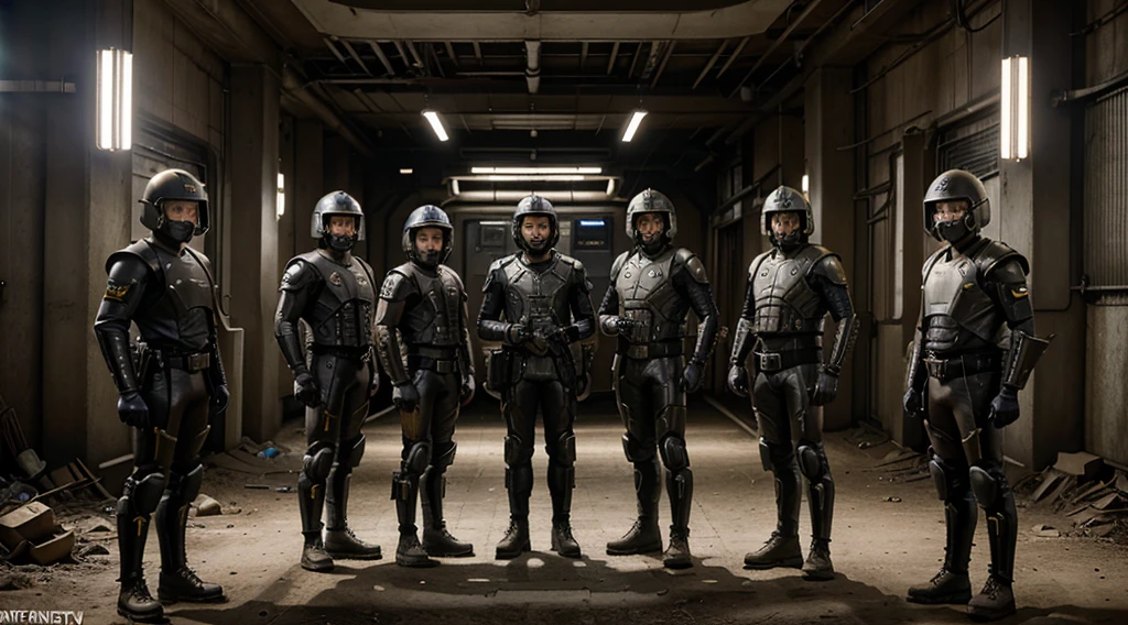 there are four men in helmets standing in a line, cyber steampunk 8 k 3 d, television screenshot, the fifth series, mugshots, anthropomorphic machine, standing in wasteland, wales, promotional shot