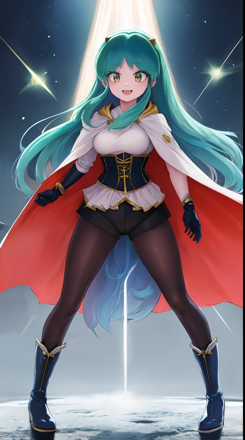 masterpiece, best quality,, corset, breastplate,lum, , urusei yatsura, cloak, pants, pullover kimono,martial pov,, pantyhose, sharpteeth, standing,smile, matial art,, full body, boots , pant, medium breast, pants, pullover,martial pov,god rays, ray tracing, sparkle, cinematic lighting, UHD, retina, masterpiece, ccurate, anatomically correct, textured skin, super detail, high details, high quality, award winning, best quality, highres, 1080P, HD, 4K, thunder aura, light aura