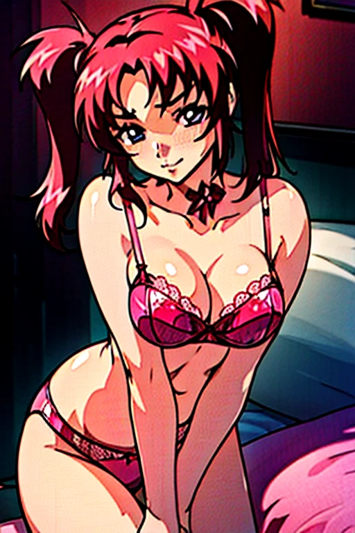 Top image quality、hightquality、Meilin Hawk、Twin-tailed red hair、(((Colossal breasts)))、an lingerie、Exposed chest、unwear、Large, pretty light pink nipples、Beautiful light pink areola、Pink lace panties、beauty legs、natta、a room、a bed、blushed face、Moist eyes、Seduce a man、sexy pose、A slight smil、Figure-eight eyebrows、Sensational、(SEXY)、