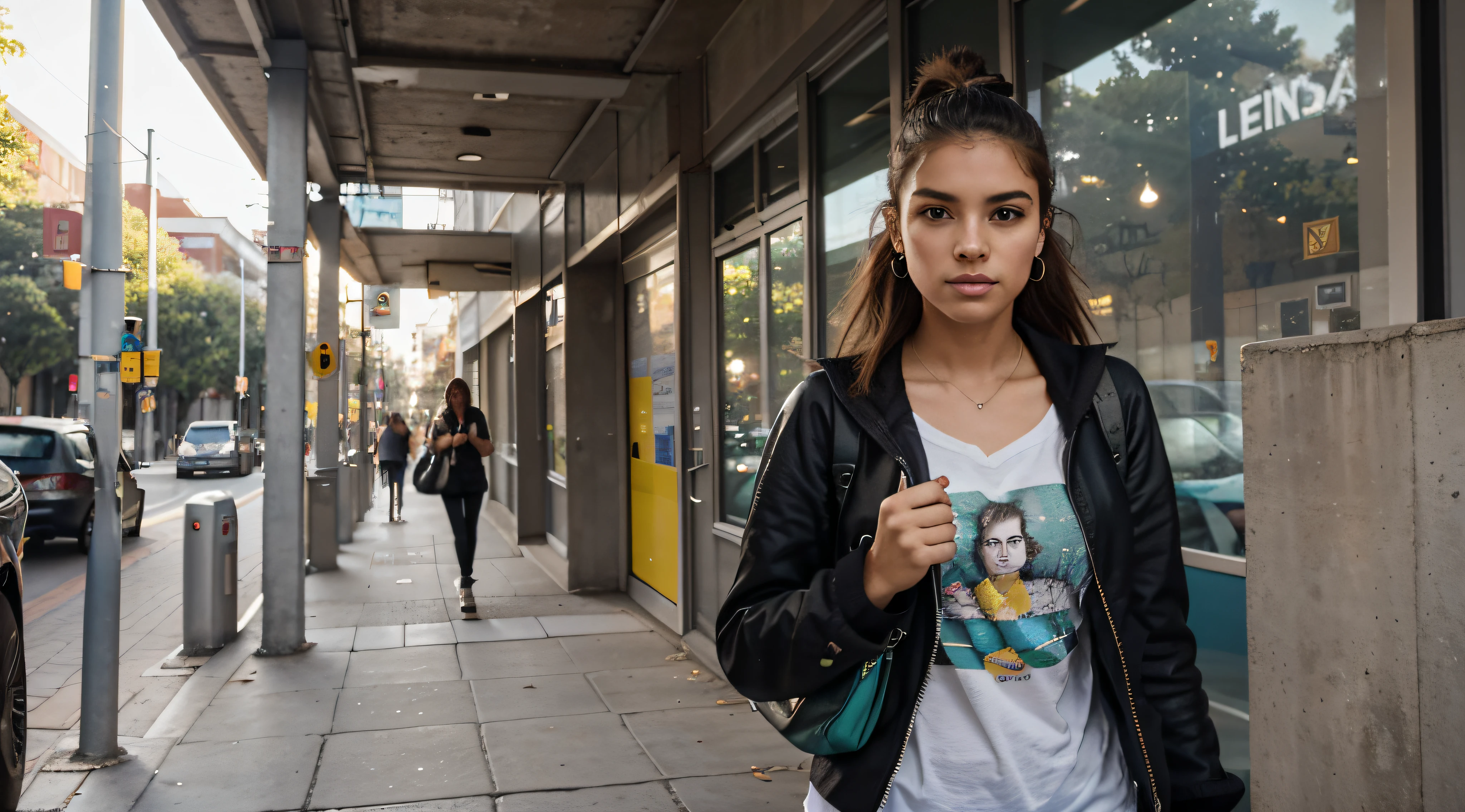 Generate an image of a Brazilian student strolling confidently through a busy college campus. she is tall and slender, com curta marcante, cabelo loiro platinado, who exudes a rebellious spirit;. Her captivating light brown eyes reveal determination and curiosity.

She's dressed in a loose, blusa verde, uma cor que complementa seu comportamento sem rodeios. Nas costas dela, ela carrega um colorido, mochila inspirada no punk-rock, reflecting his unique style. Enquanto ela caminha, She carries a stack of graphite-covered books in one hand, showcasing your passion for literature, And she holds a modern set of wireless earbuds around her neck.

This distinguished student embodies the spirit of a particular student., Book-loving punk on his academic journey, Navigating with confidence in the lively atmosphere of the university campus.