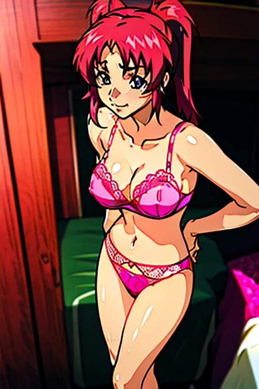 Top image quality、hightquality、Twin-tailed red hair、(((Colossal breasts)))、an lingerie、Lace bra with pink ruffles、Pink bra shoulder straps、Clasp in the middle of a pink bra、Pink lace panties、Large, pretty nipples、Beautiful areola、beauty legs、natta、a room、a bed、blushed face、Moist eyes、Seduce a man、sexy pose、A slight smil、Figure-eight eyebrows、Sensational、(SEXY)、Slouched、