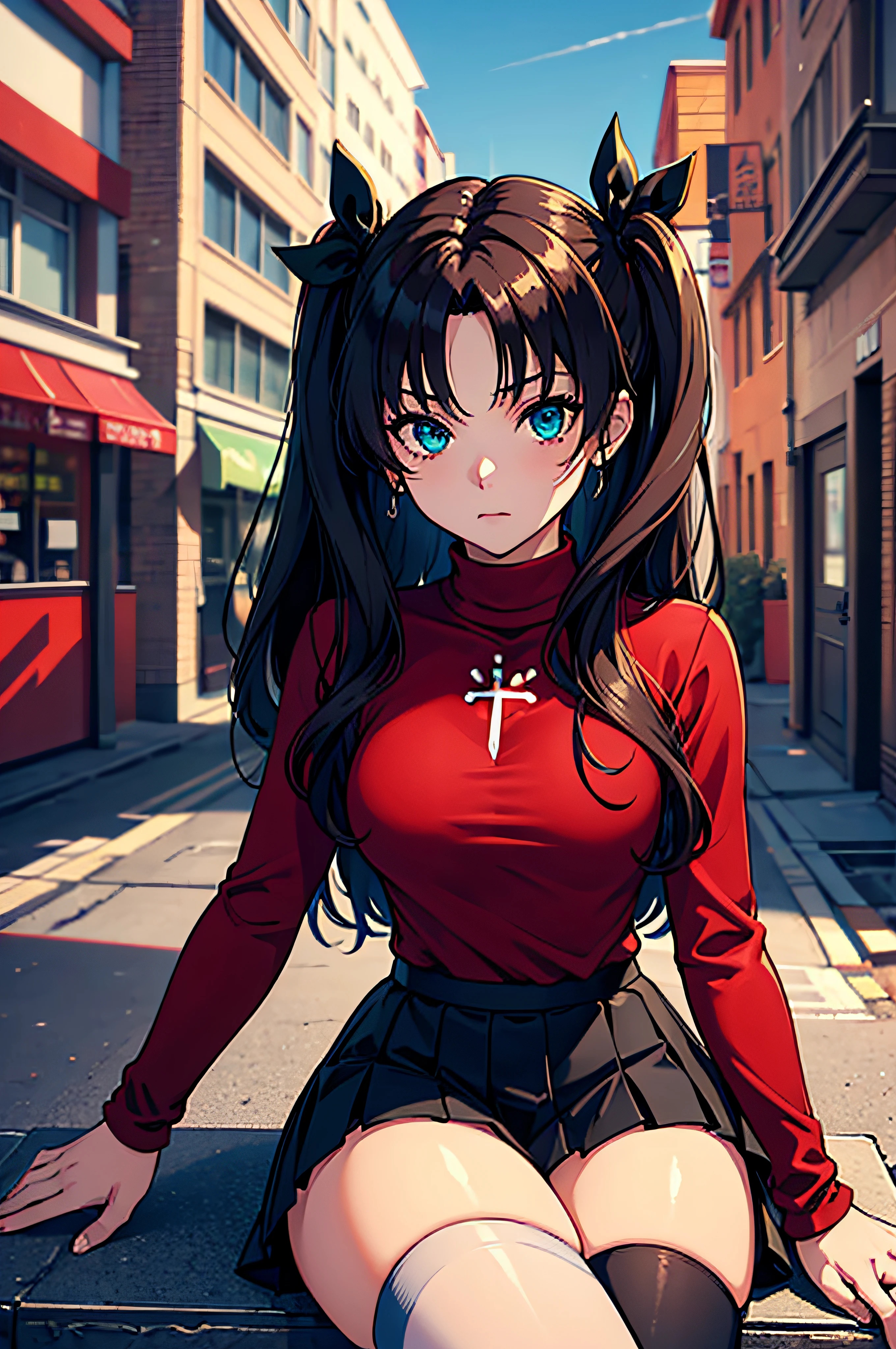(masterpiece), best quality, expressive eyes, perfect face, 1girl, solo, rintohsaka, rin tohsaka, aqua eyes, black hair, hair ribbon, long hair, ribbon, sidelocks, two side up, black skirt, black thighhighs, long sleeves, miniskirt, pleated skirt, ((red sweater)), skirt, sweater, thighhighs, turtleneck, city background, sitting, character sheet, upper body, portrait, looking at viewer