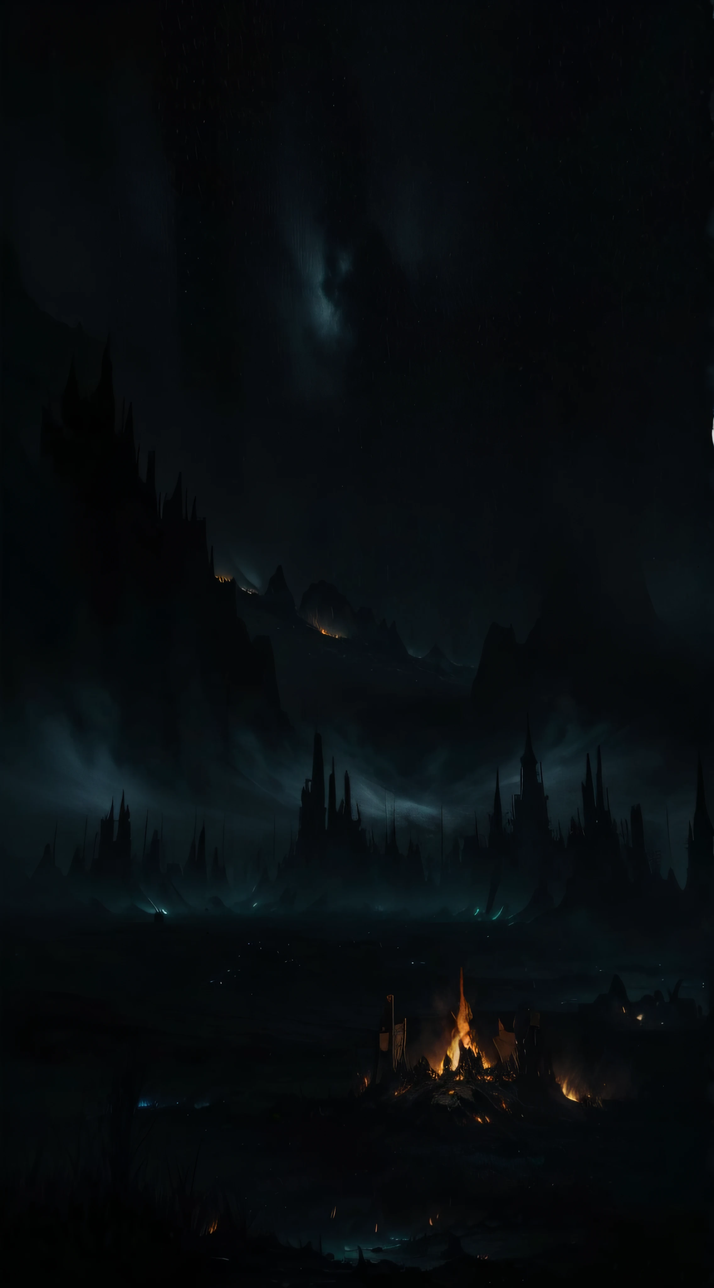 a dark sky with a fire and a green light in the middle, dark night environment, dark cinematic atmosphere, dark fantasy atmosphere, dark atmosphere illustration, dark fantasy setting, dark fantasy background, beautiful dark landscape, dark scenery, dark and moody atmosphere, dark landscape, dark fantasy environment, realistic. dark atmosphere, dark wallpaper, dark fantasy landscape, rich moody dark atmosphere