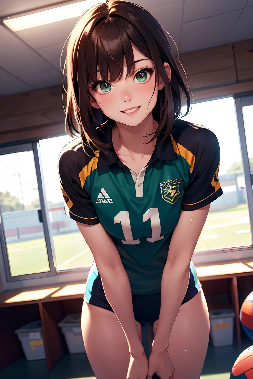 (extremely details CG、Unity、8K Wallpapers)、(extremely delicate and beautiful)、(​masterpiece)、(top-quality:1.0)、(超A high resolution:1.0)、beautiful  lighting、perfect lightning bolt、realistic shadow、[hight resolution]、Detailed skin、ultra-detailliert、detailed faces and eyes、Realistic eyes、Sharp pupils、cowboy  shot, Inside the locker room、Schools、Evening glow、beauitful face、blurry backround、20-year-old beautiful girl、shinny skin、Side Up、Beautiful brown hair、Blunt bangs、Green eyes、volleyball uniform、Curve、(Arms up)、Smile with open mouth、Looks mischievoulous