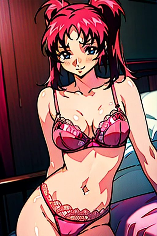 Top image quality、hightquality、Twin-tailed red hair、(((Colossal breasts)))、an lingerie、Lace bra with pink ruffles、Pink bra shoulder straps、(((Pink bra open to the left and right)))、Pink lace panties、Large, pretty nipples、Beautiful areola、beauty legs、natta、a room、a bed、blushed face、Moist eyes、Seduce a man、sexy pose、A slight smil、Figure-eight eyebrows、Sensational、(SEXY)、Slouched、