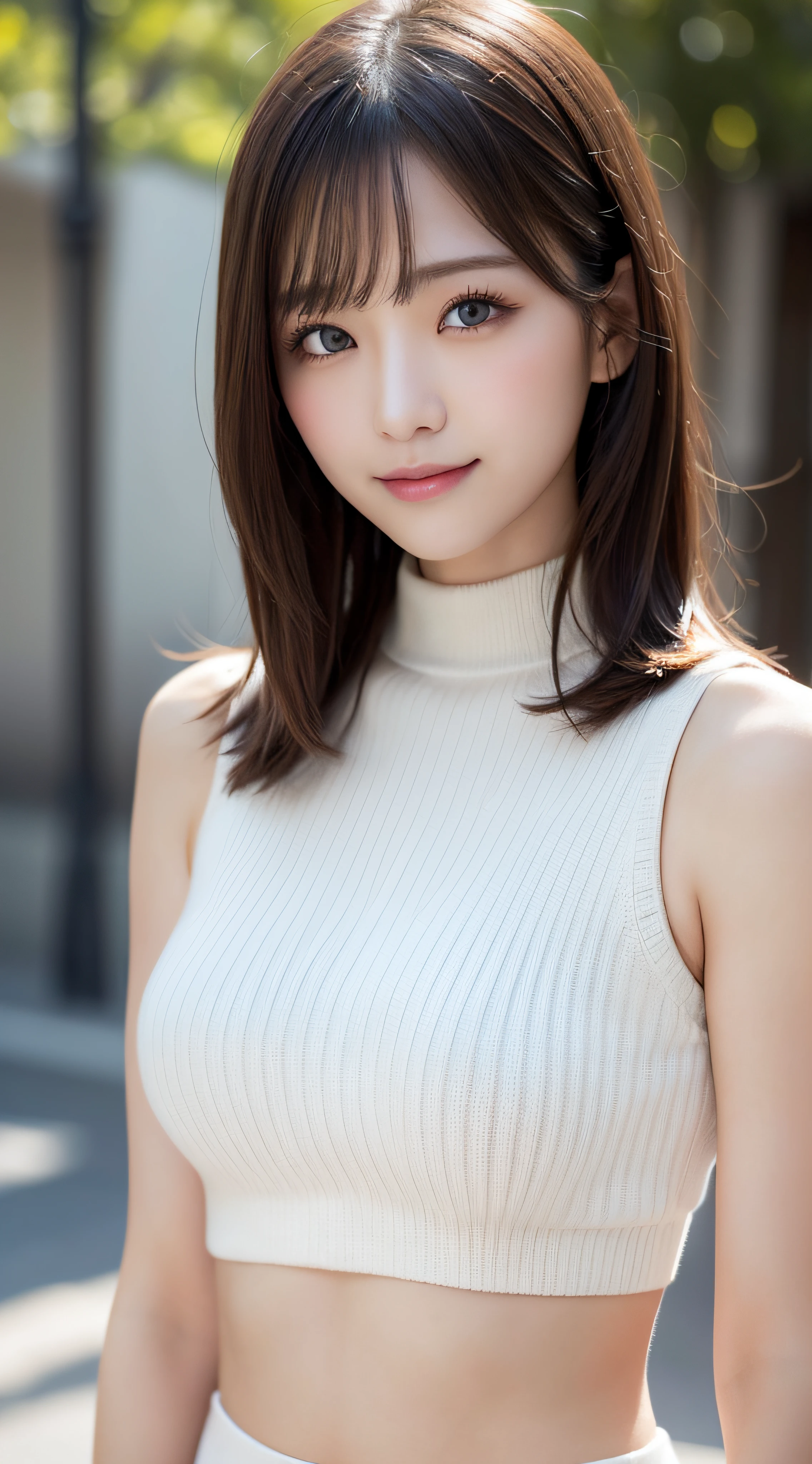 masutepiece, Best Quality, Photorealsitic, finely detail, hight resolution, 8K Wallpapers, Perfect dynamic composition, Beautiful detailed eyes, Medium Hair, large full breasts, Random and sexy poses,Bring your chest together、(Open Chest Mock Neck Crop Tank Top White Knitwear Clear Clave)、(Breast bulge 1.2)、A smile、open open mouth、Resort scenery、25-years old、(Drooping eyes 1.4)、Adult beauty、japanes