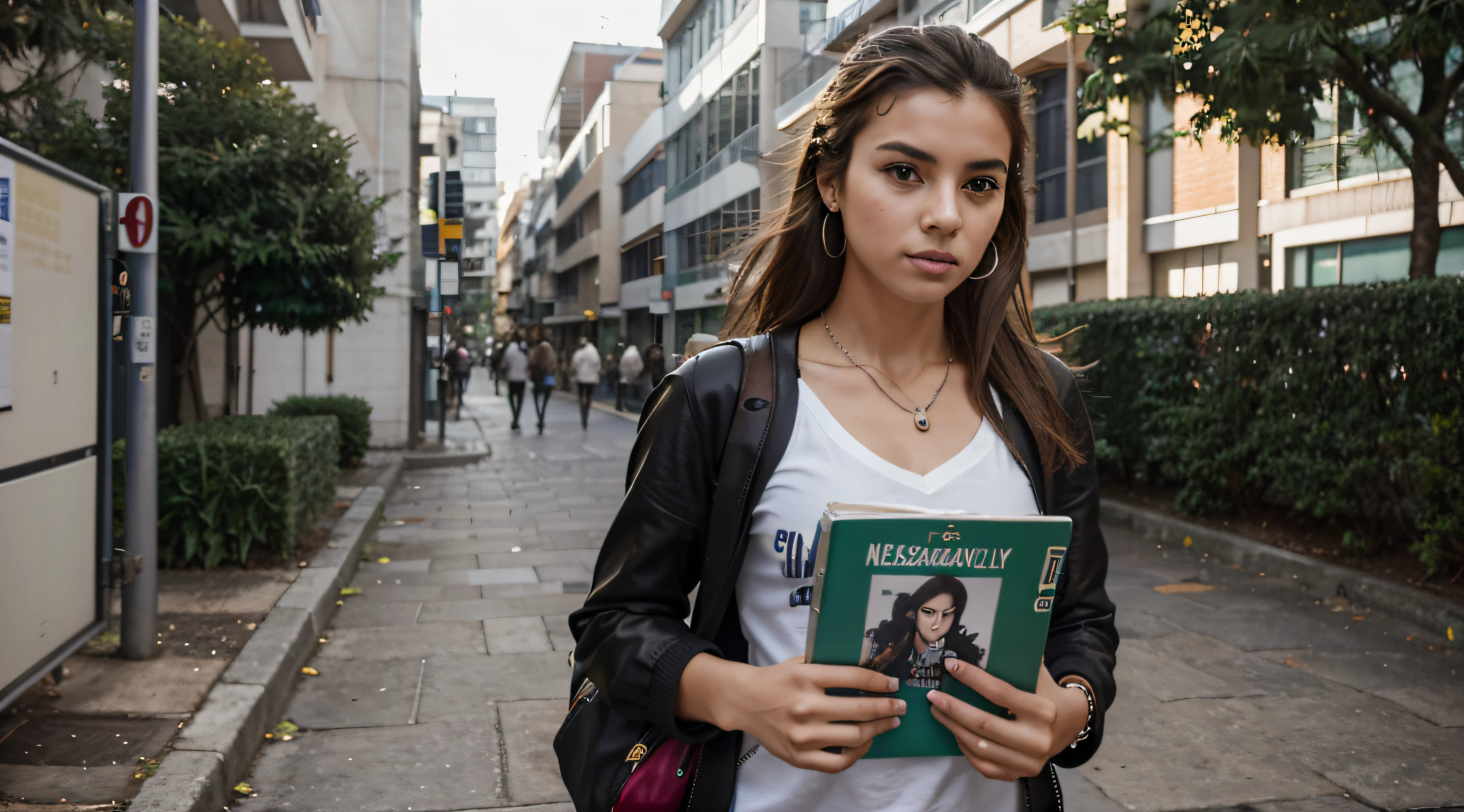 Generate an image of a Brazilian student strolling confidently through a busy university campus. she is tall and slender, com curta marcante, cabelo loiro platinado, who exudes a rebellious spirit;. Her captivating light brown eyes reveal determination and curiosity.

She's dressed in a loose, blusa verde, uma cor que complementa seu comportamento sem rodeios. Nas costas dela, ela carrega um colorido, mochila inspirada no punk-rock, reflecting his unique style. Enquanto ela caminha, She carries a stack of graphite-covered books in one hand, showcasing your passion for literature, And she holds a modern set of wireless earbuds around her neck.

This distinguished student embodies the spirit of a particular student., Book-loving punk on his academic journey, Navigating with confidence in the lively atmosphere of the university campus.