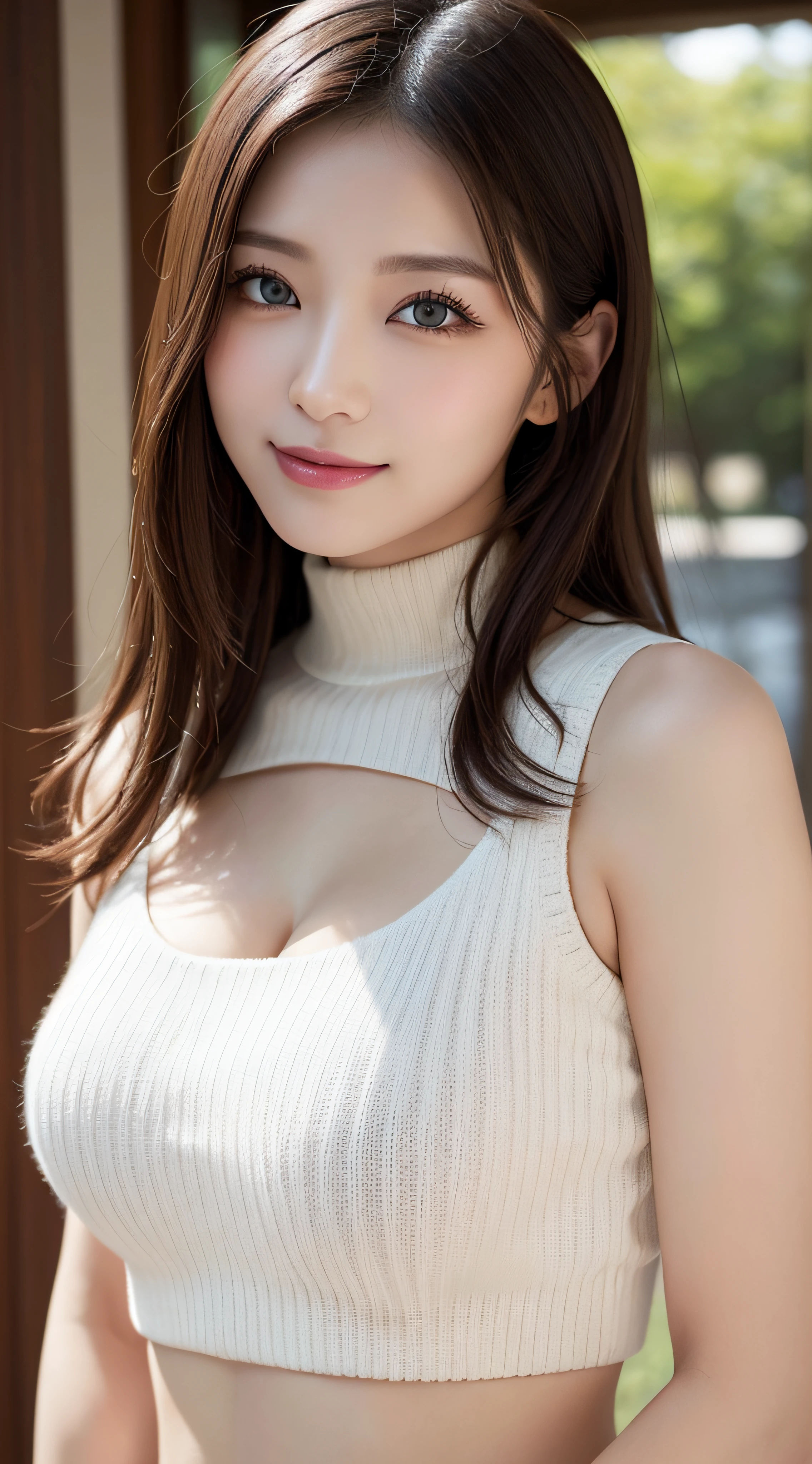 masutepiece, Best Quality, Photorealsitic, finely detail, hight resolution, 8K Wallpapers, Perfect dynamic composition, Beautiful detailed eyes, Medium Hair, large full breasts, Random and sexy poses,Bring your chest together、(Open Chest Mock Neck Crop Tank Top White Knitwear Clear Clave)、(Breast bulge 1.2)、A smile、open open mouth、Resort scenery、25-years old、(Drooping eyes 1.4)、Adult beauty、japanes