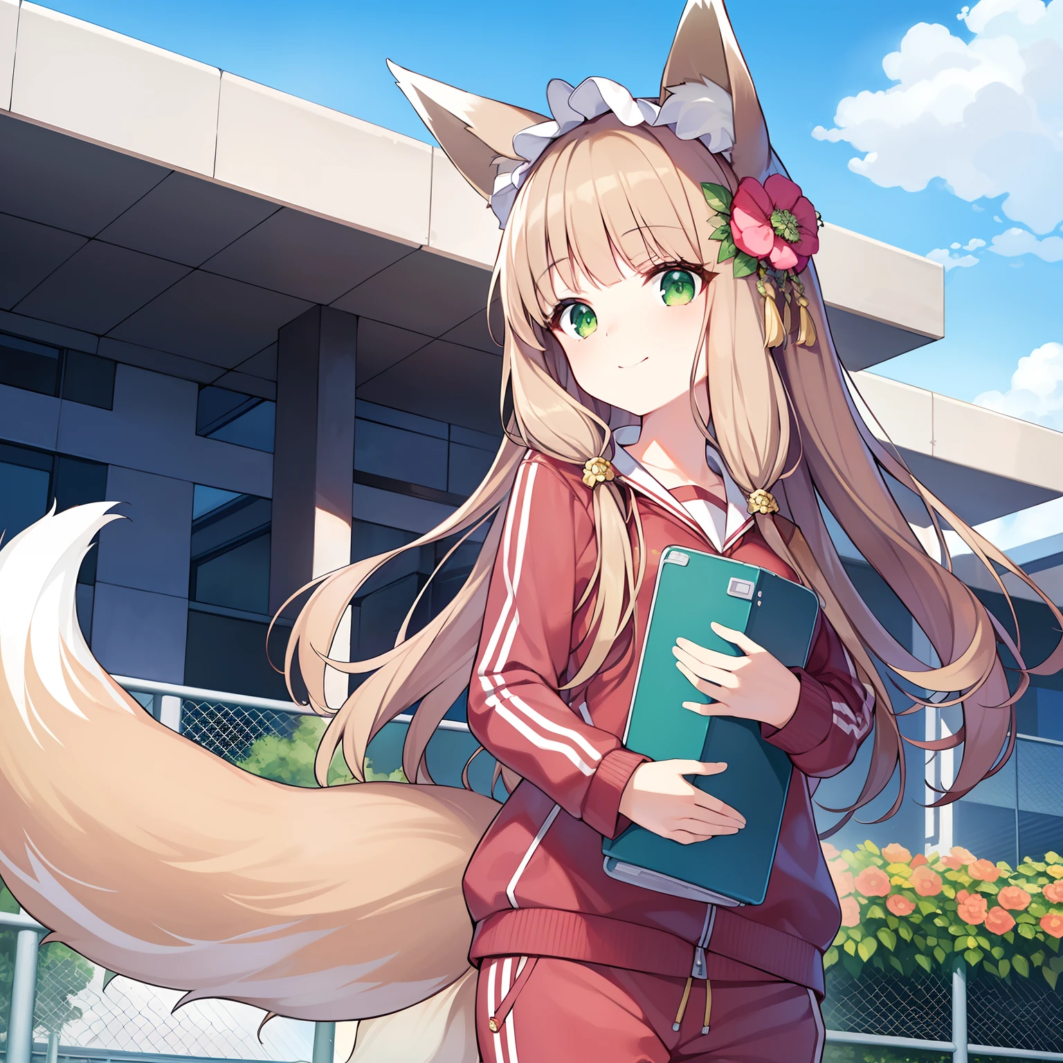 tmasterpiece,best qualtiy,A high resolution,1girll, Solo, (8K wallpaper), (Long brown hair),(Huge fox tail:1.2),Green eyes,Small flower headdress,-yeld giC cup,Modern architecture,On the school playground_Step over the fence,Wear school tracksuits,ssmile,From a positive perspective,