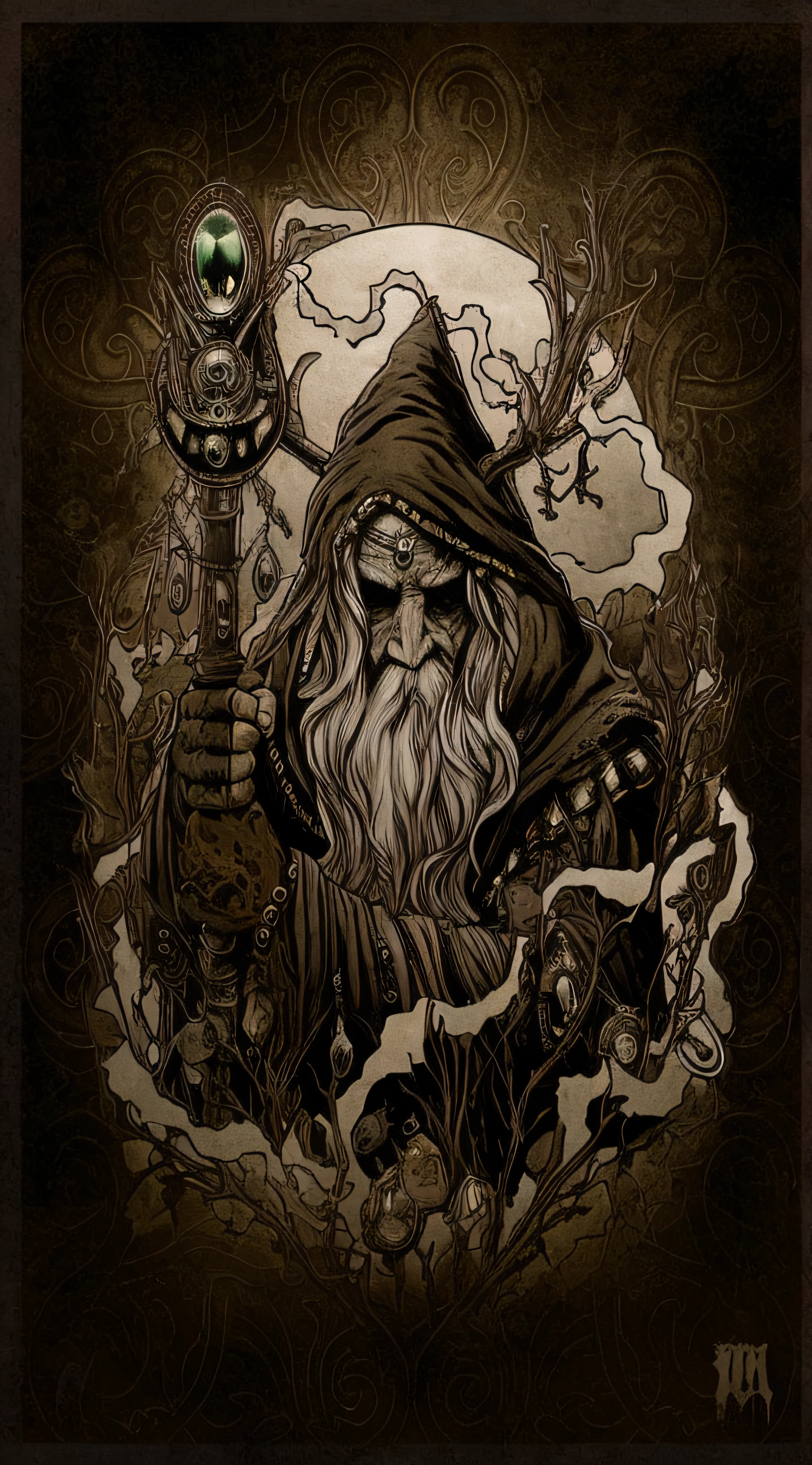 a close up of a poster of a wizard with a long beard, of an evil tree wizard, in style of dark fantasy art, the wizard, tarot card the hermit, dark wizard, steampunk wizard, evil wizard, highly detailed dark art, dark fantasy illustration, portrait of a wizard, medieval alchemist in the dark, dark fantasy style art, portrait of a forest mage