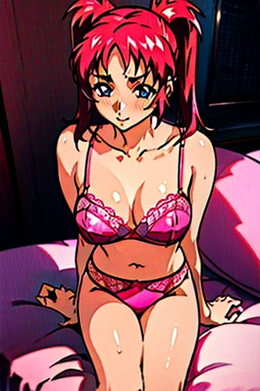 Top image quality、hightquality、Twin-tailed red hair、(((Colossal breasts)))、an lingerie、Exposed chest、Lace bra with pink ruffles、Pink bra shoulder straps、Pink lace panties、Large, pretty nipples、Beautiful areola、beauty legs、natta、a room、a bed、blushed face、Moist eyes、Seduce a man、sexy  pose、A slight smil、Figure-eight eyebrows、Sensational、(SEXY)、