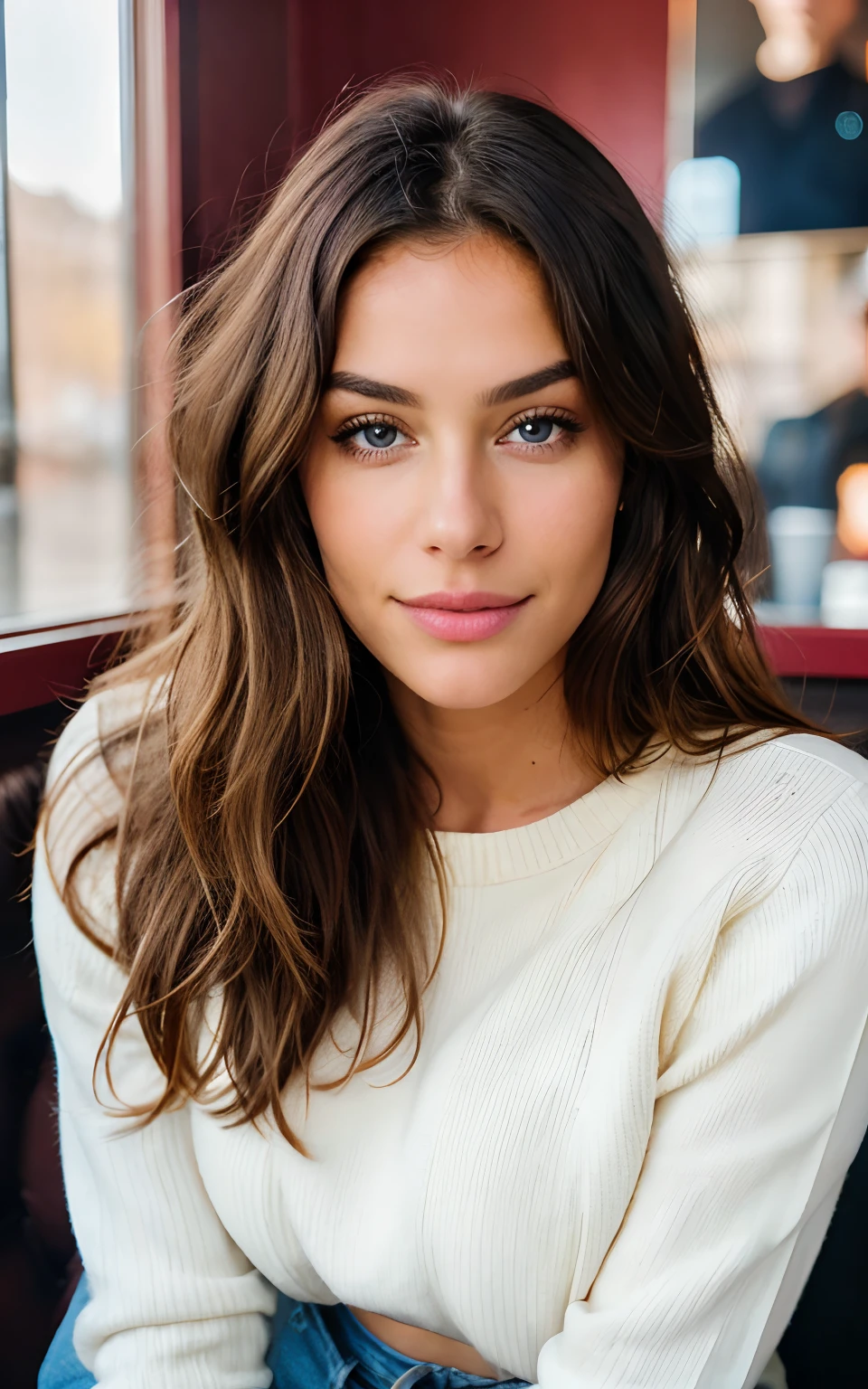 Belle brune aux reflets blonds portant un pull beige (in a café drinking sodery detailed, 22 ans, visage innocent, natural wavy hair, yeux bleus, High resolution, masterpiece, Best quality, intricate high detail, highly detailed, mise au point nette, detailed skin, realistic skin texture, texture, detailled eyes, professionnel, 4K, sourire charmant, filmed on Canon, 85 mm, faible profondeur de champ, Couleur Kodak Vision, perfect fit body, Extremely detailed, photographier_\(ultra\), photoreallistic, Realstic, Post-traitement, Maximum details, roughness, real life, ultra realist, photorealism, photographie, 8K UHD, photographie