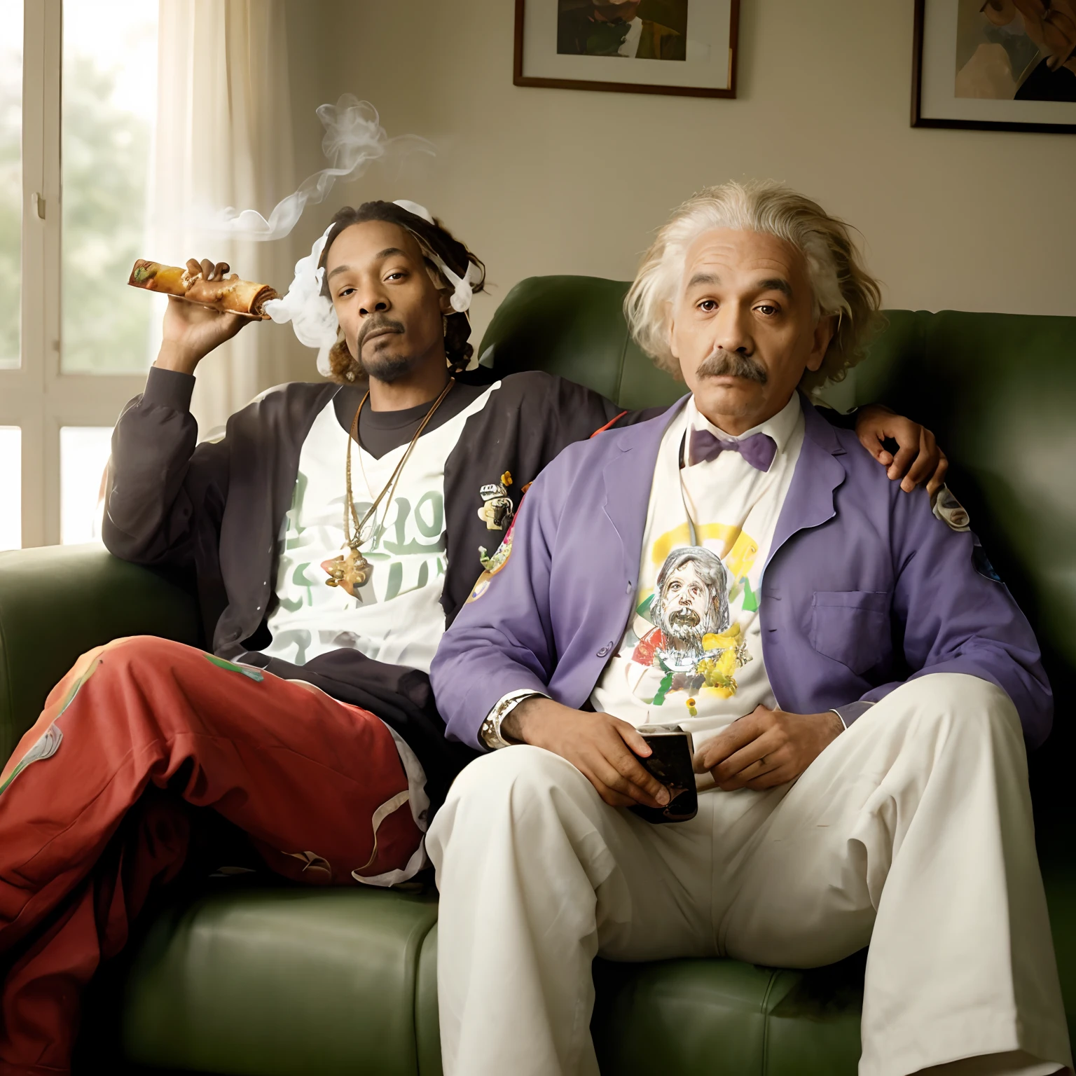 snoopdogg and scientist albert einstein sitting on a simple couch at home, messy surroundings, pizza, and smoking marijuana,illustration,ultra-detailed,highres,(realistic:1.37),bright and vibrant colors,soft lighting