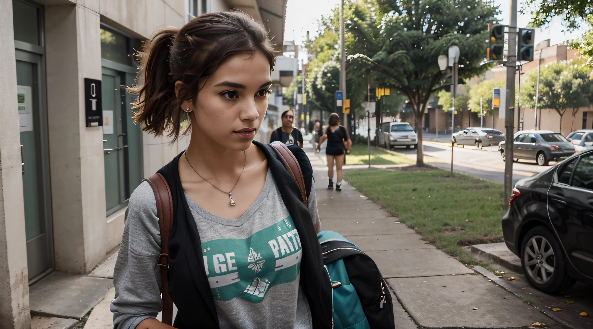 Generate an image of a Brazilian student strolling confidently through a busy college campus. she is tall and slender, com curta marcante, cabelo loiro platinado, who exudes a rebellious spirit;. Her captivating light brown eyes reveal determination and curiosity.
She's dressed in a loose, blusa verde, uma cor que complementa seu comportamento sem rodeios. Nas costas dela, ela carrega um colorido, mochila inspirada no punk-rock, reflecting his unique style. Enquanto ela caminha, She carries a stack of graphite-covered books in one hand, showcasing your passion for literature, And she holds a modern set of wireless earbuds around her neck.
This distinguished student embodies the spirit of a particular student., Book-loving punk on his academic journey, Navigating with confidence in the lively atmosphere of the university campus.