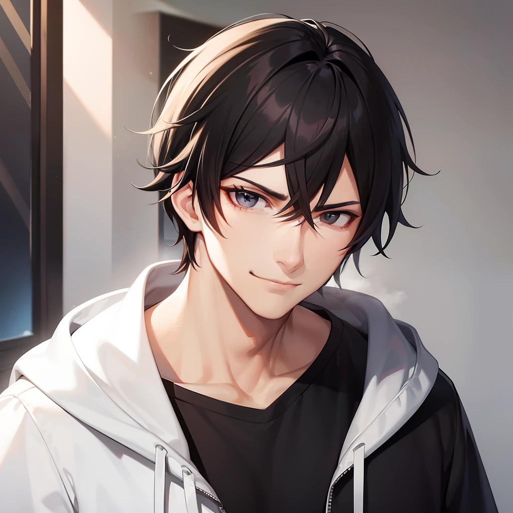 A handsome guy with black hair and black eyes, looking at you with a smirk, wearing a hoodie, human