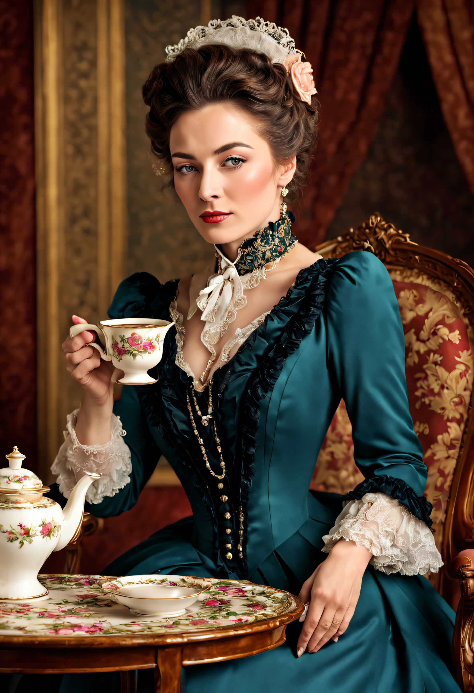 A very elegantly dressed lady drinking a very hot and steaming cup of tea. professional portrait, [detailed], [vivid colors], [realistic], [studio lighting], intricate details, elegant and proper posture, Victorian era clothing, delicate tea set, elegant setting, sophisticated facial expression, refinement from the back of the stage