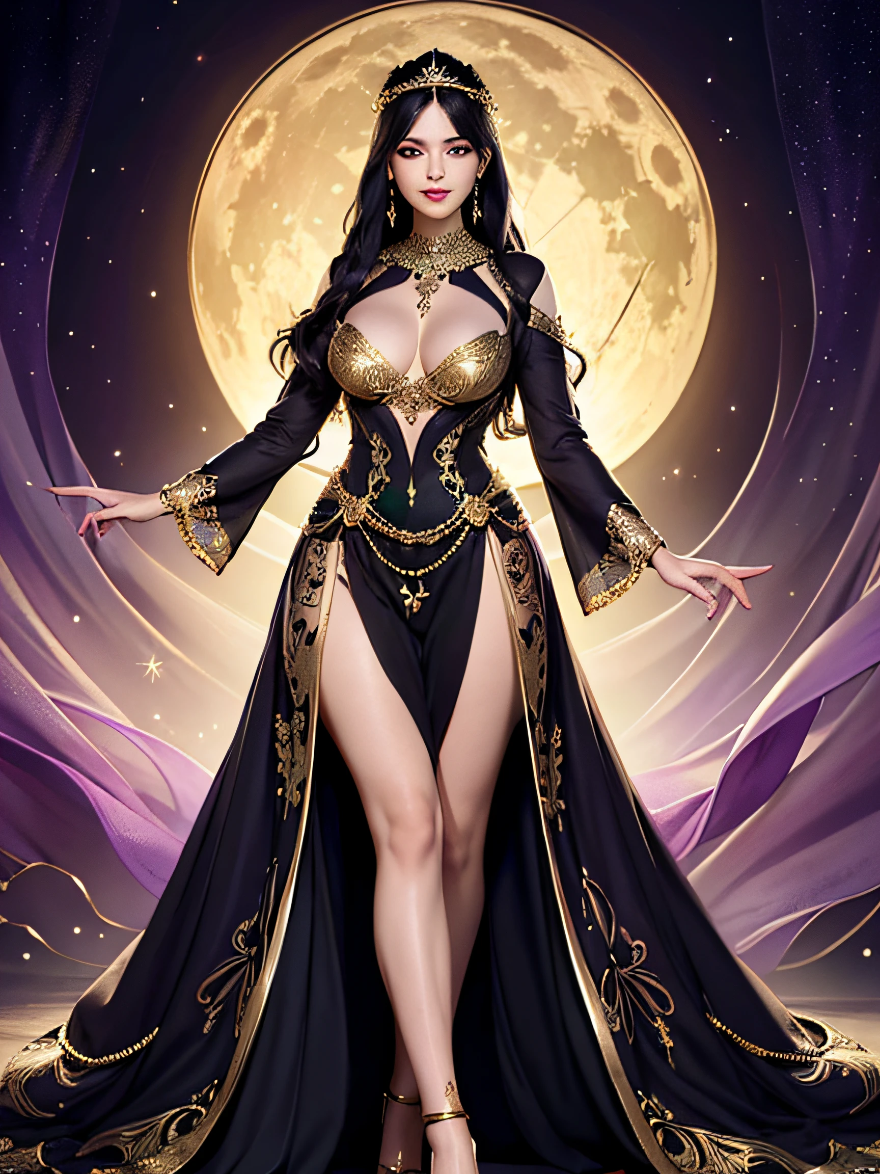magnificent woman, purple and black evening long sleeves dress, illustration, full body image, detailed beautiful face, sexy look, smiling seductively, green eyes, black hair, background floating money (dollar notes and gold jewerly), in the background to the right of the woman is a chest with gold jewerly on which the green moon shines in the dark background.