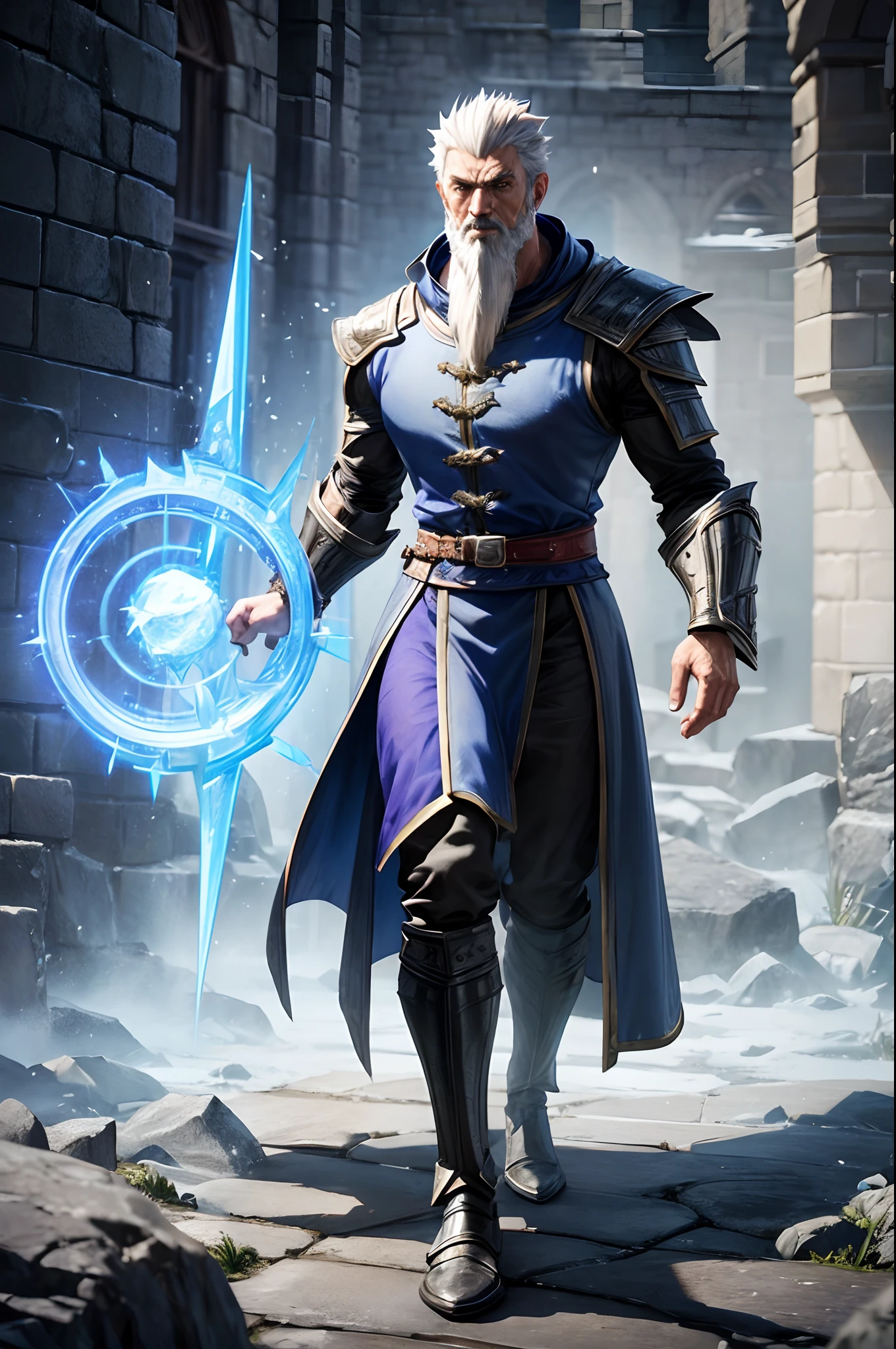 3D Graphics, ((Merlin)), 1male Wizard, Old Sage, Bearded, Grey Hair, Powerful Mage, Fighting Game Character, Mortal Kombat Character, Merlin in Mortal Kombat 11.