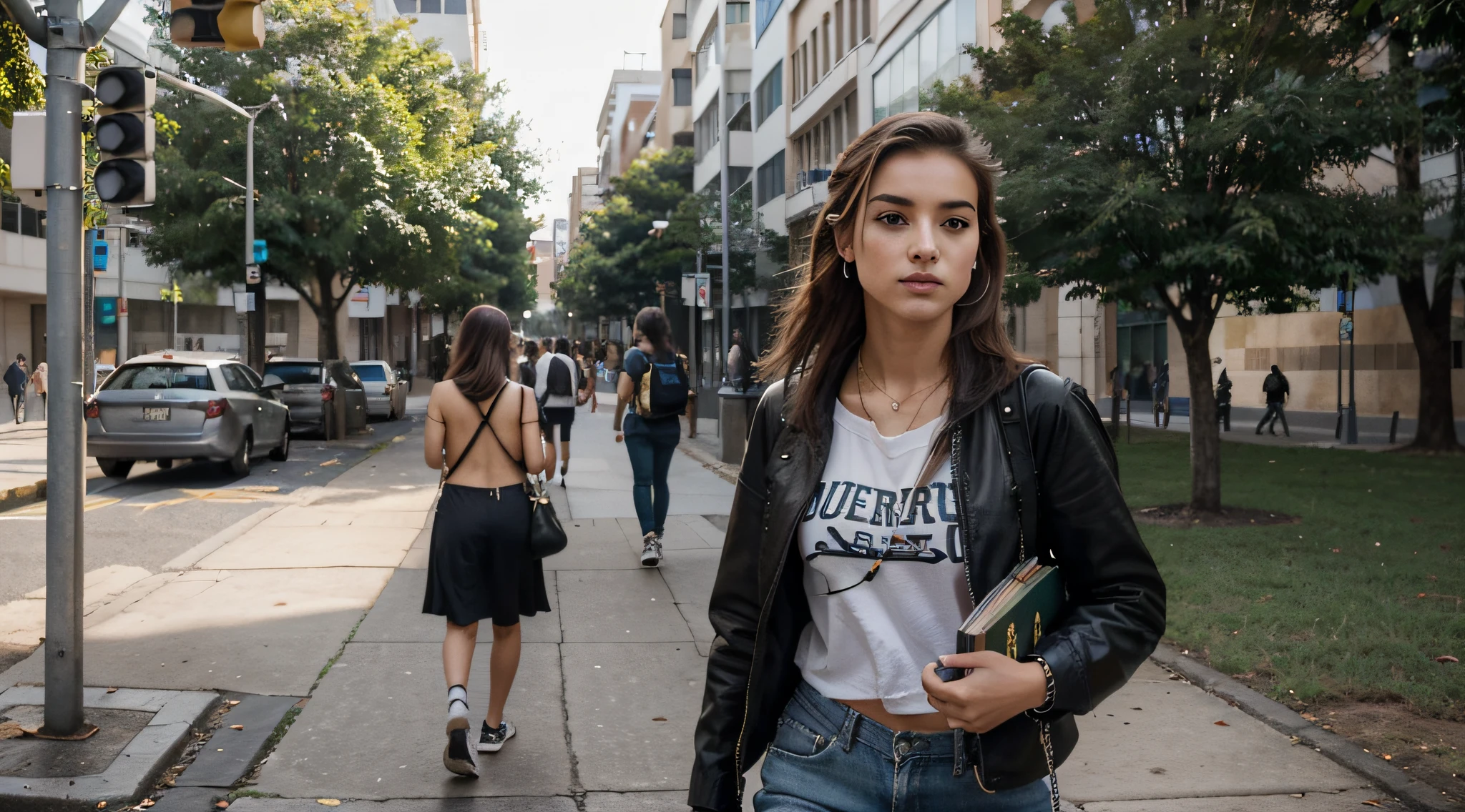 Generate an image of a Brazilian student strolling confidently through a busy college campus. she is tall and slender, com curta marcante, cabelo loiro platinado, who exudes a rebellious spirit;. Her captivating light brown eyes reveal determination and curiosity.
She's dressed in a loose, blusa verde, uma cor que complementa seu comportamento sem rodeios. Nas costas dela, ela carrega um colorido, mochila inspirada no punk-rock, reflecting his unique style. Enquanto ela caminha, She carries a stack of graphite-covered books in one hand, showcasing your passion for literature, And she holds a modern set of wireless earbuds around her neck.
This distinguished student embodies the spirit of a particular student., Book-loving punk on his academic journey, Navigating with confidence in the lively atmosphere of the university campus.