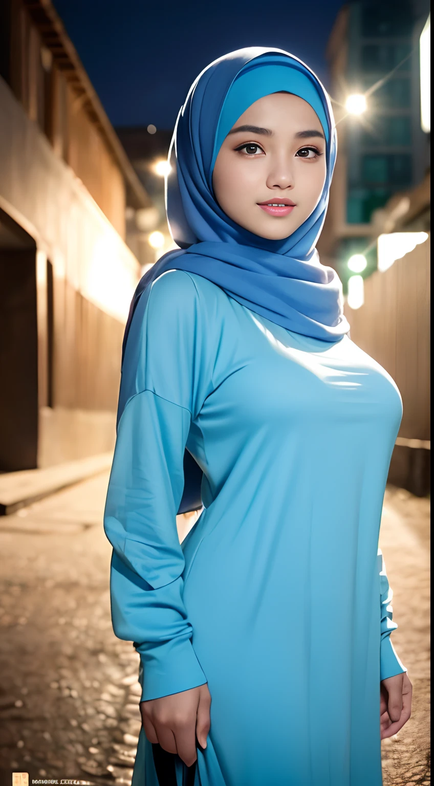 RAW, Best quality, high resolution, Masterpiece: 1.3), Beautiful Malay woman in hijab, Masterpiece, Perfect slim body, (Big breasts), Beautiful big eyes, Soft smile, Wearing a long, fine knit turtleneck t-shirt,Hair tie, morning walk, City park, Good lighting, Bright colors, Clean linesclose up image of a Malay woman wearing a hijap in a white shirt and blue shawl, wearing a white hijab, wearing a blouse with white sleeves, clear curved details, a seamless white tights suit, open chest v shirt, open jacket wide cleavage, the shirt is touching, beautiful design, close photo up half body, close up photo, attractive feminine curves, wearing a shirt, hijab, revealing clothes