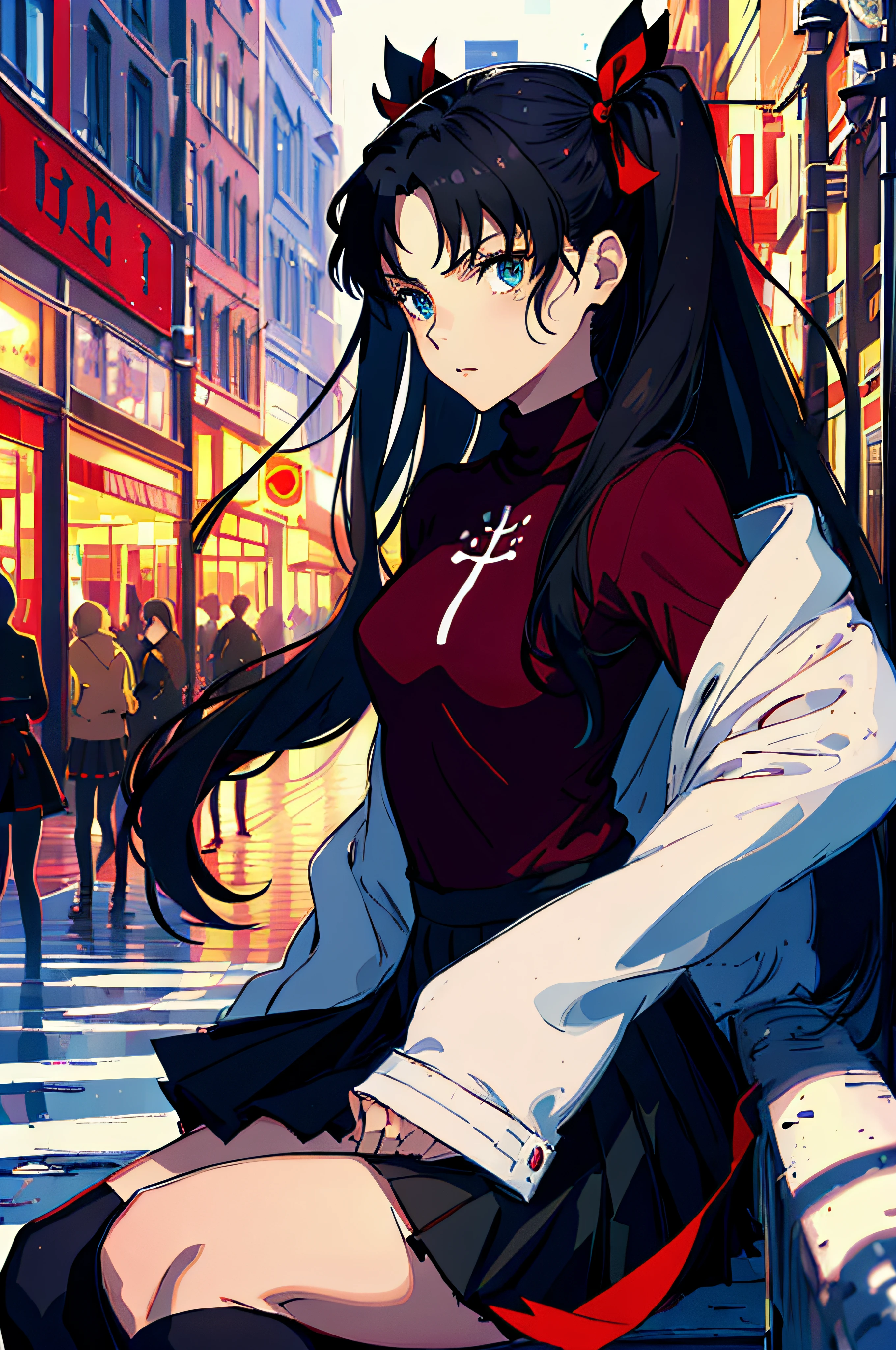 (masterpiece), best quality, expressive eyes, perfect face, 1girl, solo, rintohsaka, rin tohsaka, aqua eyes, black hair, hair ribbon, long hair, ribbon, sidelocks, two side up, black skirt, black thighhighs, long sleeves, miniskirt, pleated skirt, ((red sweater)), skirt, sweater, thighhighs, turtleneck, city background, sitting, character sheet, upper body, portrait, looking at viewer