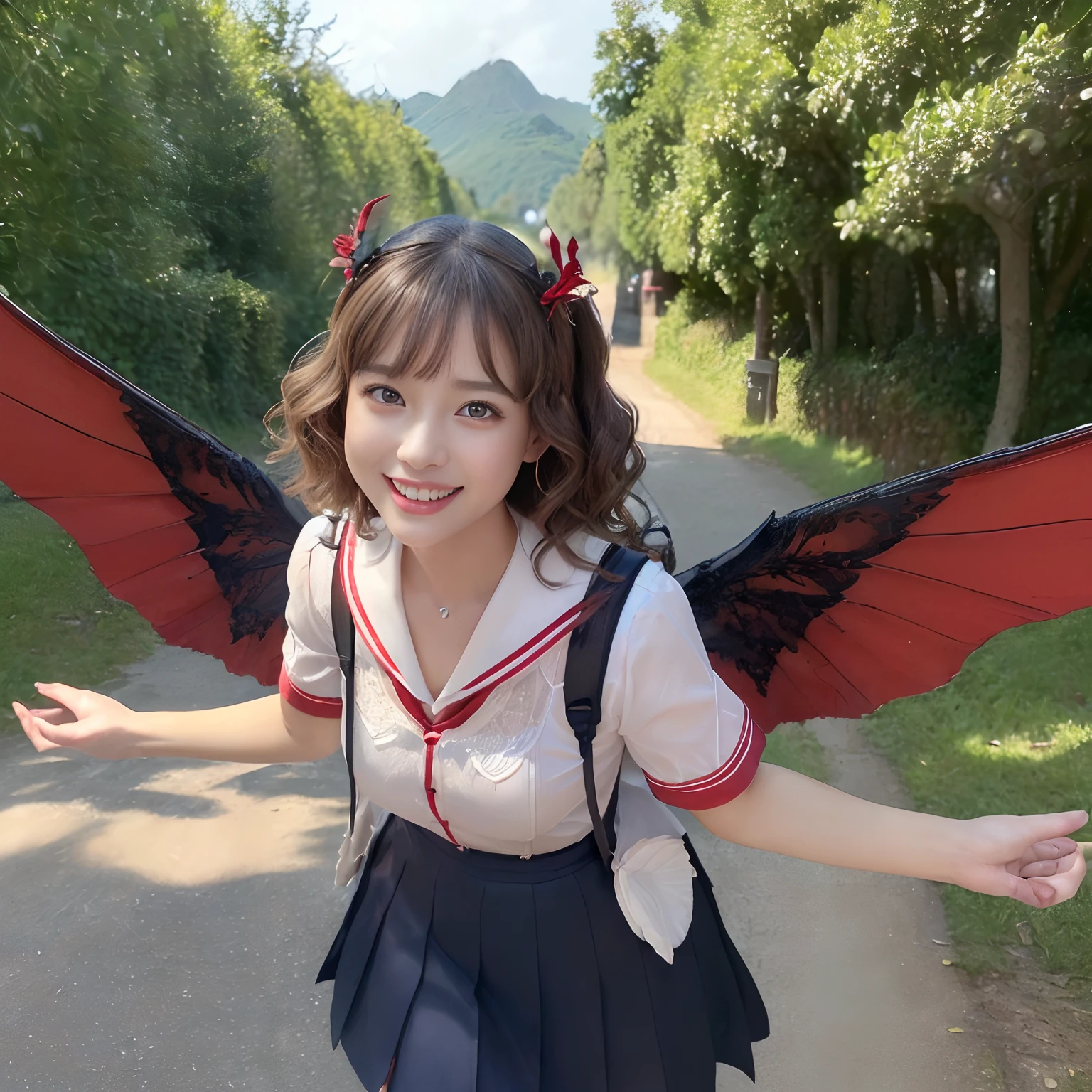 (((masutepiece、top-quality、Depiction of the most intricate and detailed details)))、(Her eyes glow red)、((1 schoolgirl、Wearing a sailor suit、School Sailor Uniform、Perfect sailor suit、Red ribbons、Navy skirt))、((Huge and intricate demon wings,Wings with a very elaborate texture,Wings with a very complex texture,Creature wings with a very realistic texture,Wings of a terrifying monster,Terrible and ugly wings、The most terrifying wings、Big Devil's Horn,Realistic and big horns,Creepy horns,Horn with a very elaborate texture、Terrible and ugly horns、((The background is the route to school、Walking along the school route surrounded by nature、Walking on the way to school))、8K,An ultra-high picture quality,The most beautiful idol faces,Mature Face、The biggest smile staring at the camera、美丽的面容、Beautiful teeth、natural make up、Natural bright lighting、short-hair、waved hair、Classy wavy hair