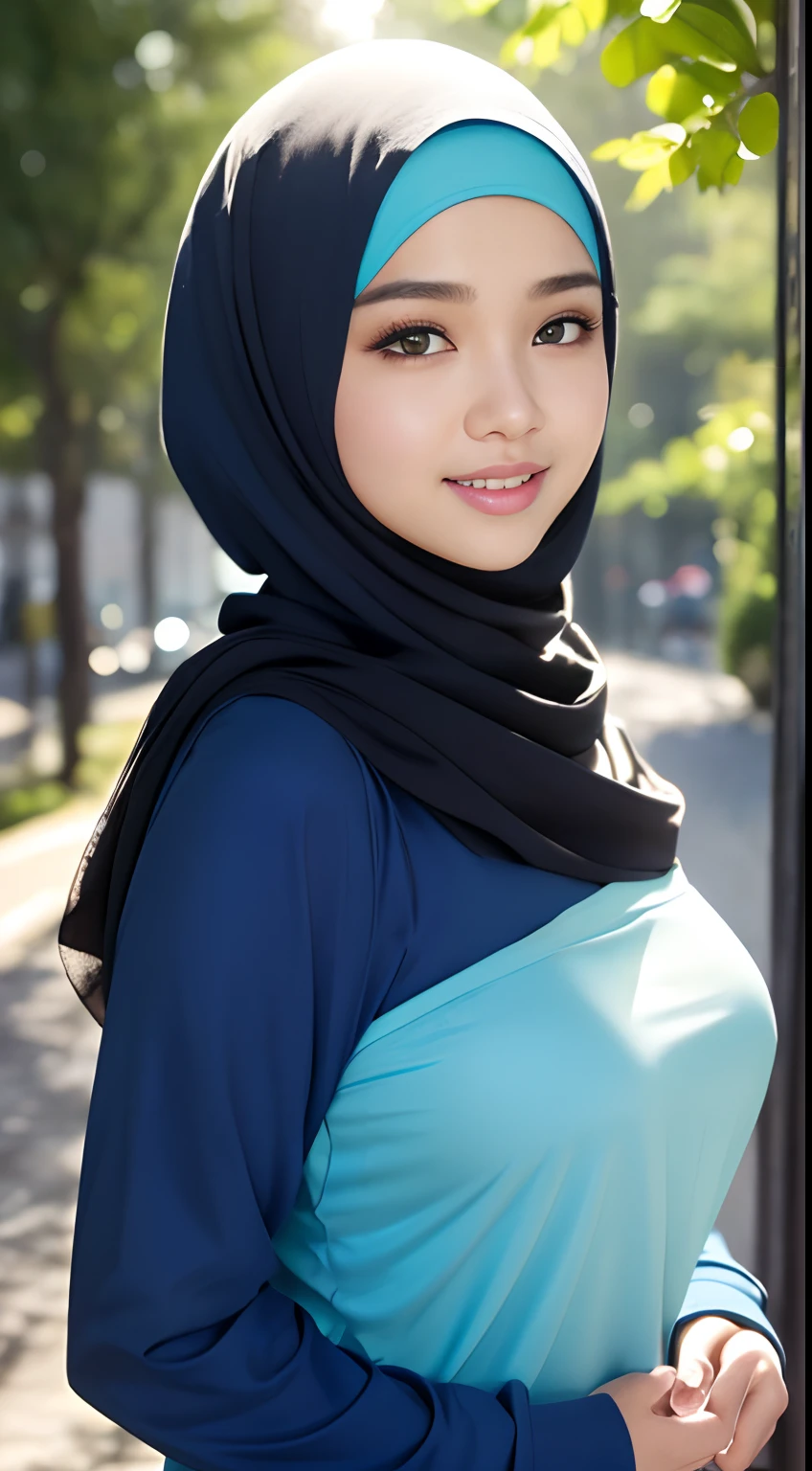 1 Malay girl, modern plain hijab, shy, medium portrait, watery eyes, RAW, Best quality, high resolution, masterpiece: 1.3), beautiful Malay woman in hijab (iu:0.8),big breast, perfect nose,perfect lips, perfect eyes, detail :1.2), soft smile, woman sitting on rocky river bank with black and white striped top, thin waist and thick hips, beautiful malay woman, casual pose, beautiful face with arms and legs, wearing elegant casual clothes, attractive clothes, wearing beautiful baju kurung clothes, cute beauty ,beautiful buttocks, from behind, (looking at the audience, looking back, facial details, double eyelids, smiling)