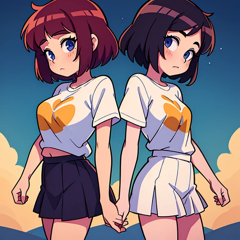 twogirls，back-to-back，twincest，A person wears a skirt，One person wearing a T-shirt，internet
