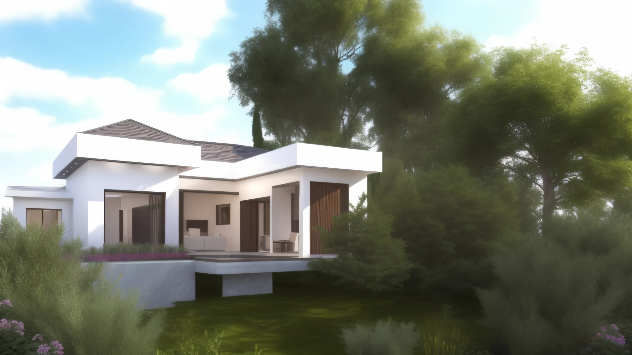 arafed view of a house with a pool and trees, high quality rendering, front view dramatic, professional render, beautifully detailed render, digital rendering, architectural render, high-quality render, award-winning render, digital render, architectural rendering, front facing view, frontview, architectural 3 d render, stunning render, detailed rendering, lumion render, bright render