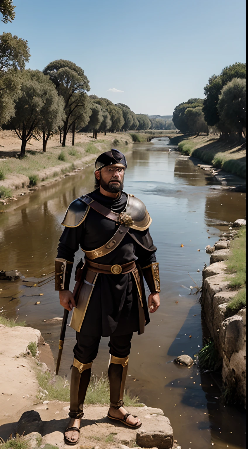 Roman legions standing at the banks of the Rubicon River.