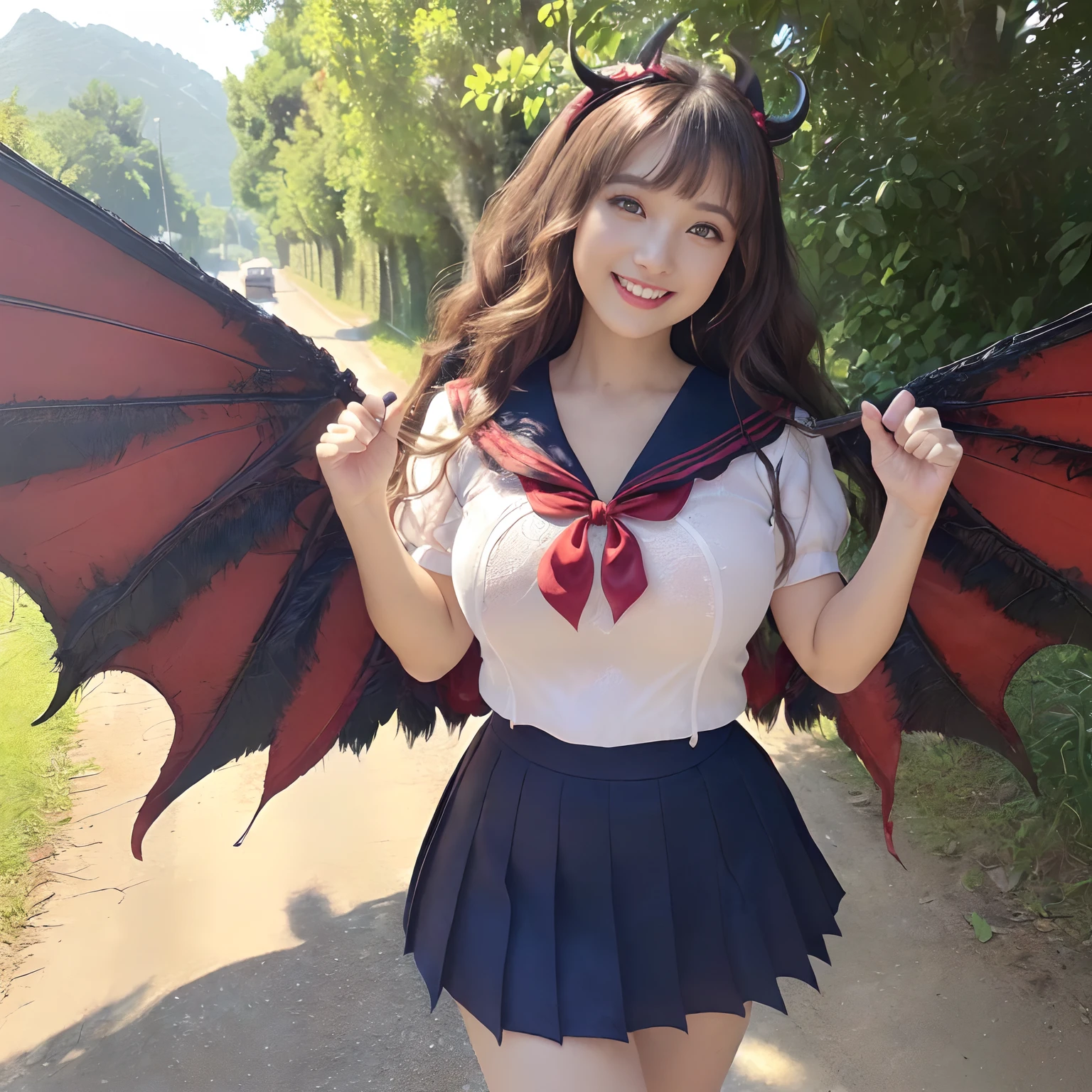 Young Japan woman with brown skin color、She wears an orange bikini with small bat wings on her back。She wears purple and orange side-striped knee socks.、There's a bit of her flesh on the border between her socks and her skin。She wears a headband in the shape of a cute devil's horn。She has shoulder-length bob hair。Her breasts are so big、the waist is beautifully constricted,。hiquality