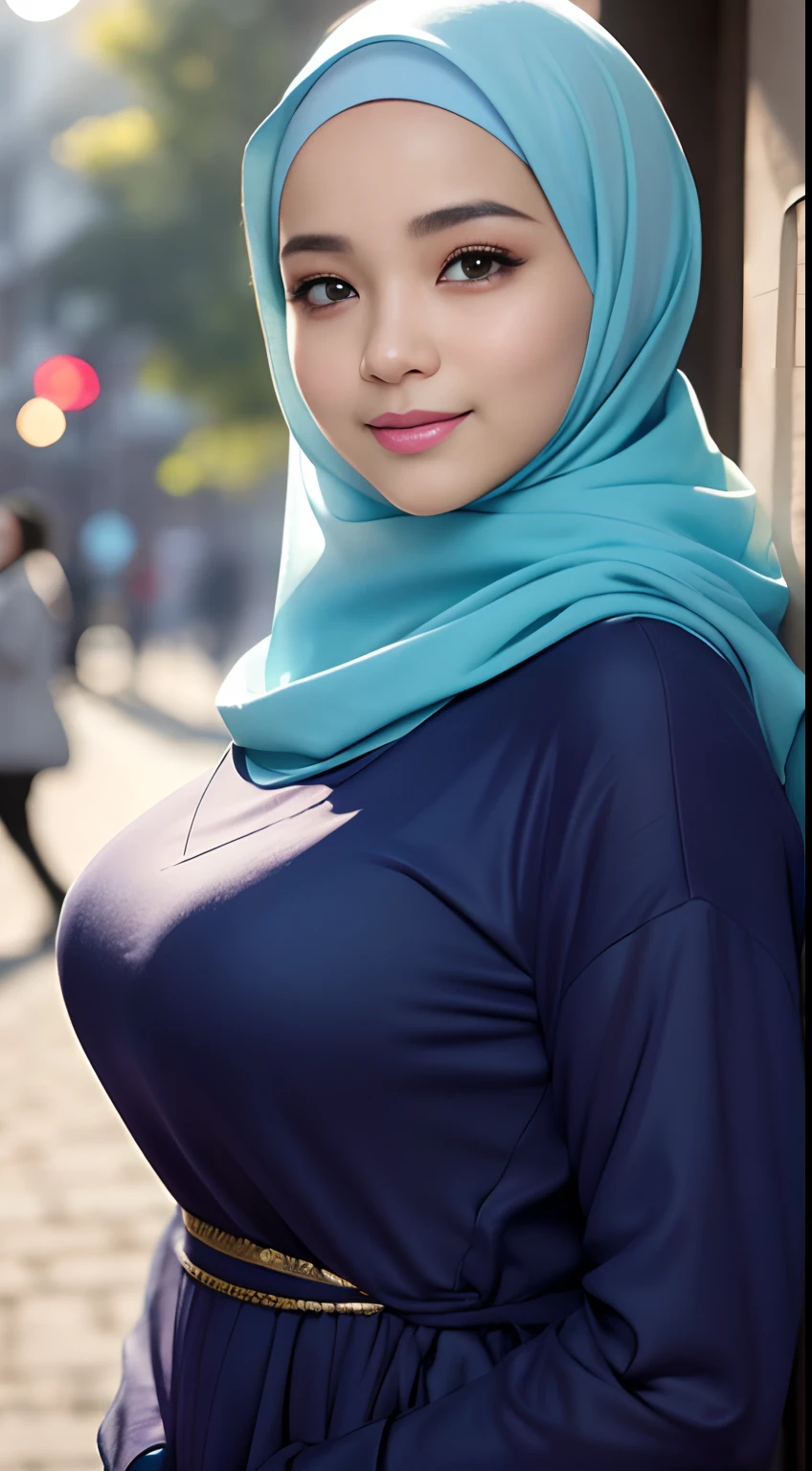 (night scene, close up photo of a sexy naked malay girl with hijab, posing, look at a camera and smile, blue pastel hijab, (green eyes:0.8), big tit, cute young face, 18 yo, soft volumetric lights, (backlit:1.3), (cinematic:1.3), intricate details, (ArtStation:1.2),Best quality, high resolution, masterpiece: 1.3), a beautiful malay woman in hijab, big breasts, slim figure, sweatshirt, beautifully presented details in the street and facial and skin texture, detailed eyes, double eyelids, big eyeschest visible, shirt open