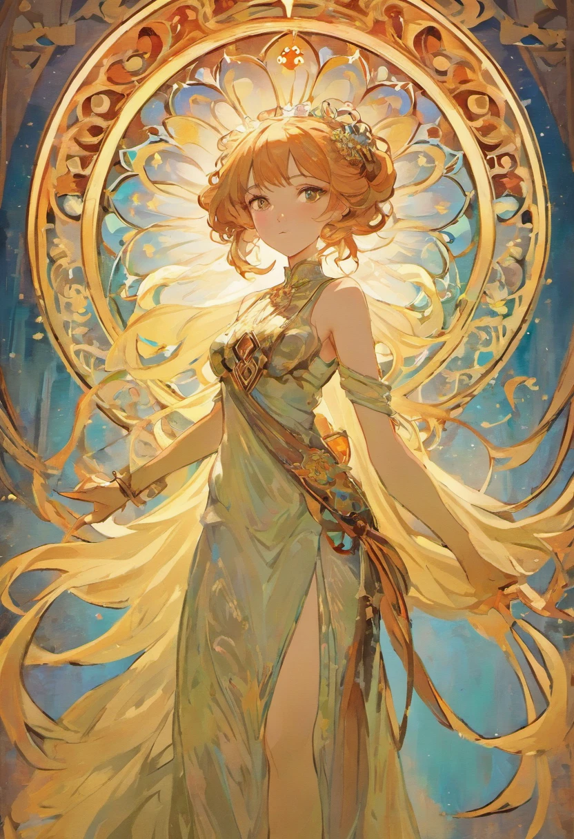 8K.Poster illustration in Alphonse Mucha style, Flat lacquer finish, Naughty Oriental Girl, 18yr old, cabelos preto e longos, Cropped dress, Holding a cane with lightning bolts in his hand,The whole body likes it,Slender body,Bare feet,in an art nouveau style, Northern Lights in the background, NFFSW, Masterpiece, Alfonse Mucha, detail-rich