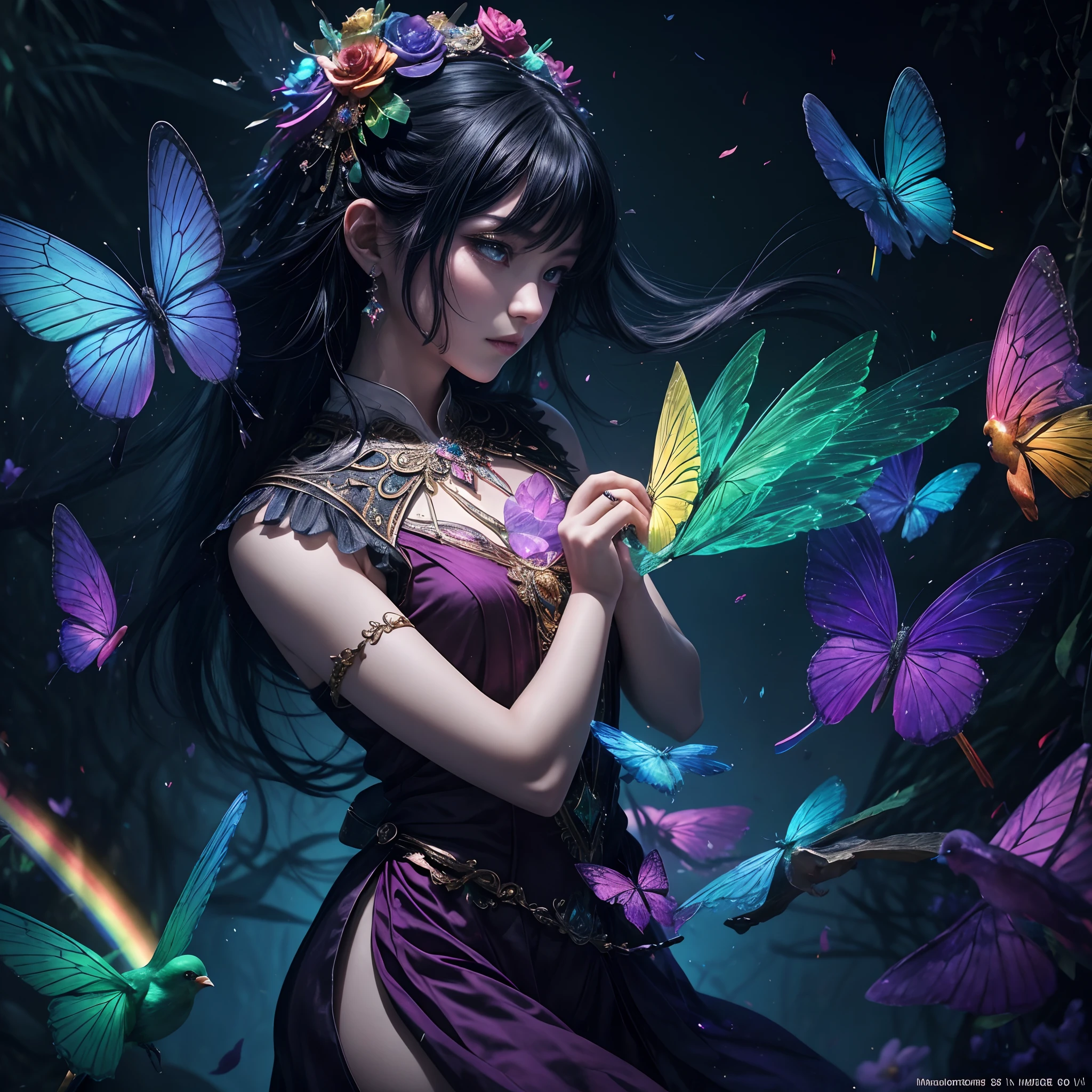 (((masutepiece))), (((Best Quality))), ((Ultra-detailed)),(High Definition CG Illustration), ((extremely delicate and beautiful)),Cinematic Light, Create stunning fantasy artwork that mimics the style of the genre's current trending masters. Art works include:、It contains elements of both mythological fantasy and fairytale fantasy、It has colorful and very ornate rainbow accents and dark gem-colored shades. ((Use the rainbow as the main color scheme.)) The characters of the work are、With a delicate yet strong petite figure、It has an aura of mystery and magic. Pay close attention to complex facial features, enchanting eyes with bright colors and bold shading, etc.. Character clothing should be designed with gossamer feathers, Silk, Stunning embroidery, and subtle iridescent details. incorporate (((Translucent iridescent rainbow))), dreamy colors, Dynamic lighting, Detailed background elements to create awe and immersion. ((Colorful flying magical birds and rainbow butterflies with jewel-like colors give off a magical aura.)) Thinking about the latest trends in fantasy art, Incorporate unique lighting effects, etc., Exploring dynamic and compelling compositional techniques, Try a unique color palette. Get inspired by top artists from Art Station and Mid-Journey. camera: Emphasize the beauty of the character、Choose an angle that enhances the magical majesty of your artwork. Lighting: Using atmospheric lighting technology、Creates depth and mood. resolution: Aim for high-resolution artwork that shows intricate detail and clarity. Art Inspiration: Get inspired by trending artists at Art Station, Explore different styles, genre, and themes.