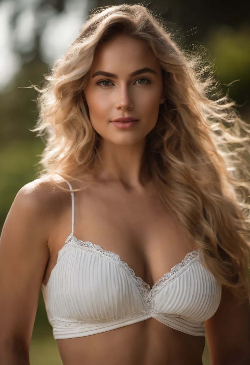Femme sexy, 20 ans, mince, athletic, shiny tanned skin, Huge-breasts, Taille fine, blond curly hair, Lingerie blanche, Realstic, photographie, real, naturel
