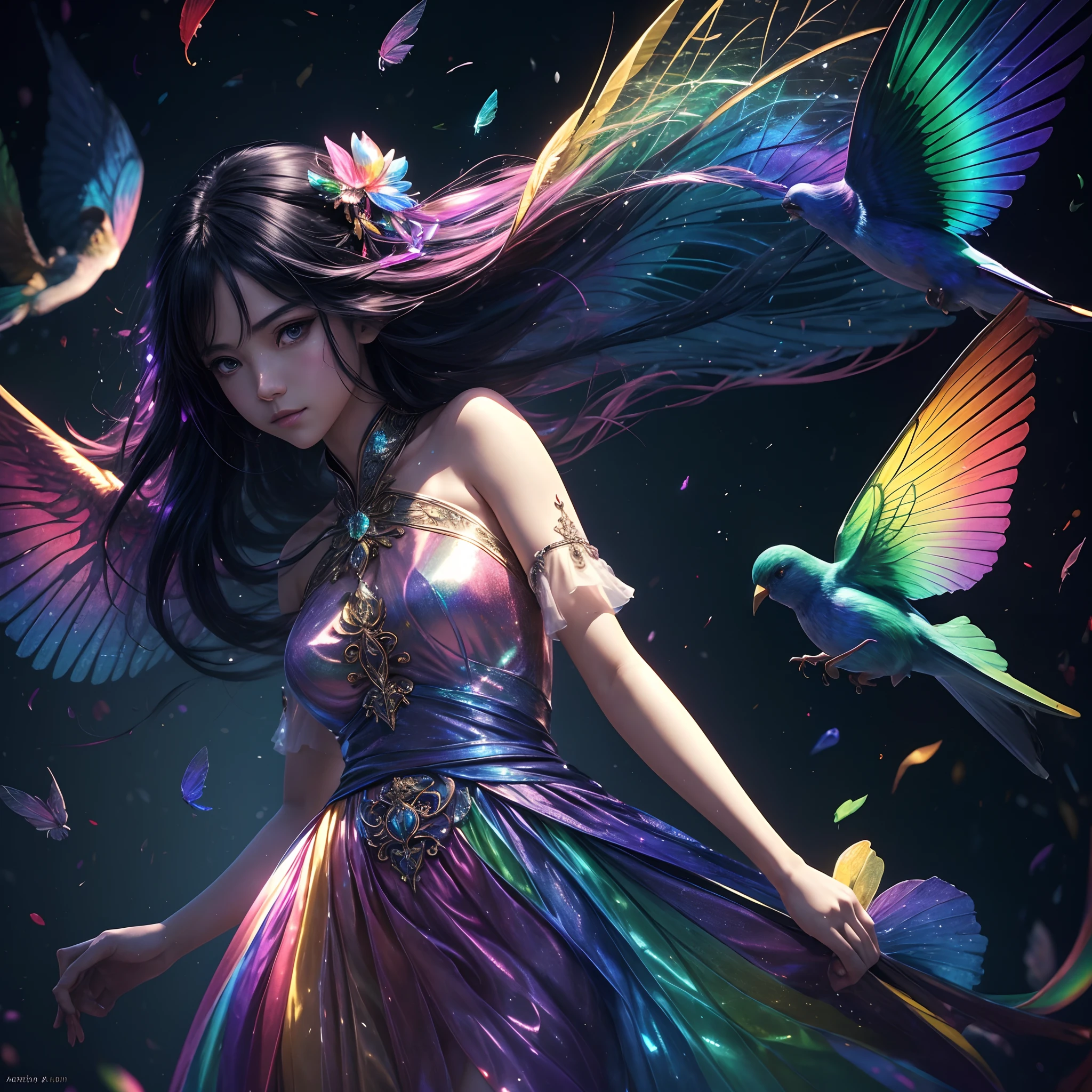 (((masutepiece))), (((Best Quality))), ((Ultra-detailed)),(High Definition CG Illustration), ((extremely delicate and beautiful)),Cinematic Light, Create stunning fantasy artwork that mimics the style of the genre's current trending masters. Art works include:、It contains elements of both mythological fantasy and fairytale fantasy、It has colorful and very ornate rainbow accents and dark gem-colored shades. ((Use the rainbow as the main color scheme.)) The characters of the work are、With a delicate yet strong petite figure、It has an aura of mystery and magic. Pay close attention to complex facial features, enchanting eyes with bright colors and bold shading, etc.. Character clothing should be designed with gossamer feathers, Silk, Stunning embroidery, and subtle iridescent details. incorporate (((Translucent iridescent rainbow))), dreamy colors, Dynamic lighting, Detailed background elements to create awe and immersion. ((Colorful flying magical birds and rainbow butterflies with jewel-like colors give off a magical aura.)) Thinking about the latest trends in fantasy art, Incorporate unique lighting effects, etc., Exploring dynamic and compelling compositional techniques, Try a unique color palette. Get inspired by top artists from Art Station and Mid-Journey. camera: Emphasize the beauty of the character、Choose an angle that enhances the magical majesty of your artwork. Lighting: Using atmospheric lighting technology、Creates depth and mood. resolution: Aim for high-resolution artwork that shows intricate detail and clarity. Art Inspiration: Get inspired by trending artists at Art Station, Explore different styles, genre, and themes.