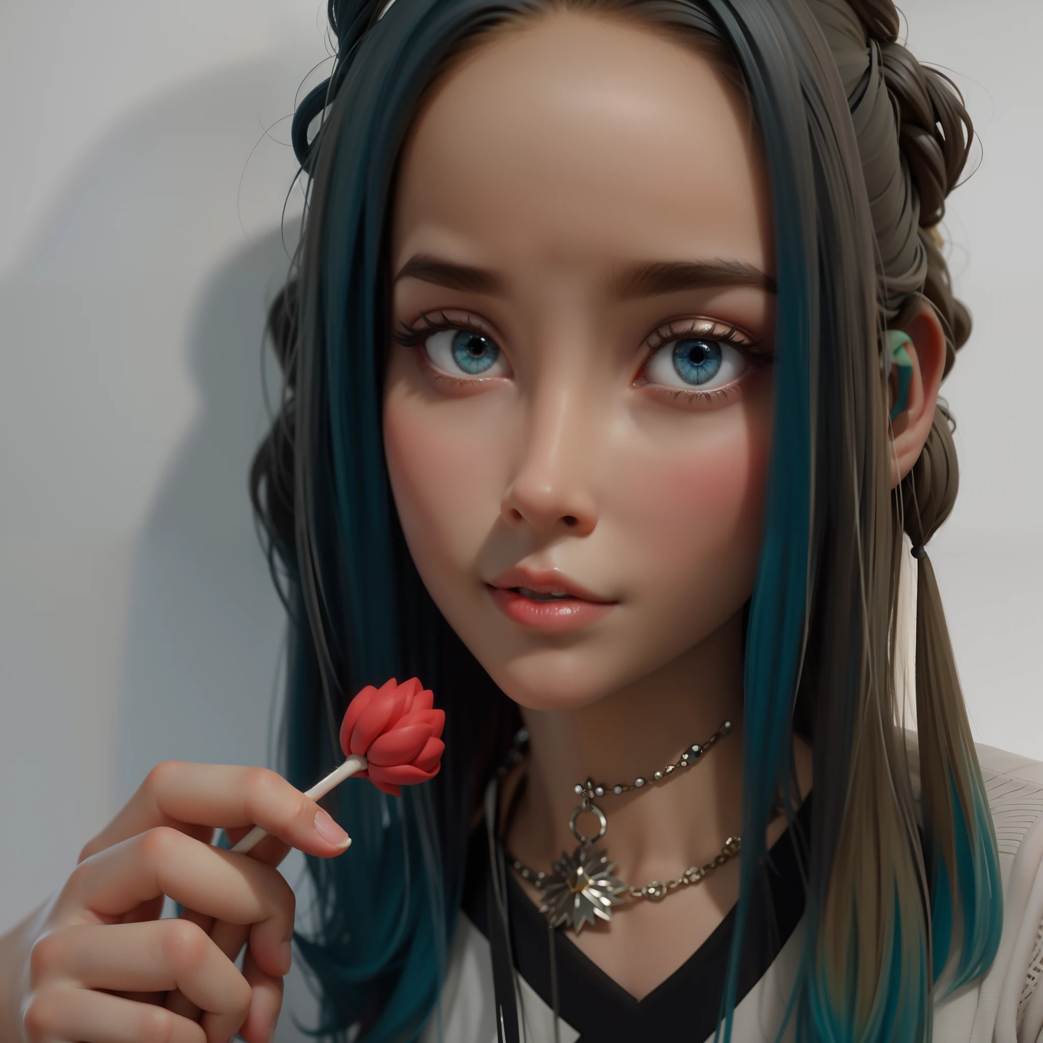 obra-prima, melhor qualidade, trabalho de rending 3d, estilo 3DMM, close-up, retrato, 3D, 1girl, solo, cabelo multicolorido, cabelo amarelo, cabelo laranja, colar, joias, cabelo de dois tons, olhando para o lado, realista, parte superior do corpo, fundo simples e Branco, franja, olhando para longe, cabelo curto, separated-lips, olhos verdes,gotic, gargantilha, maquiagem, camisa branca,