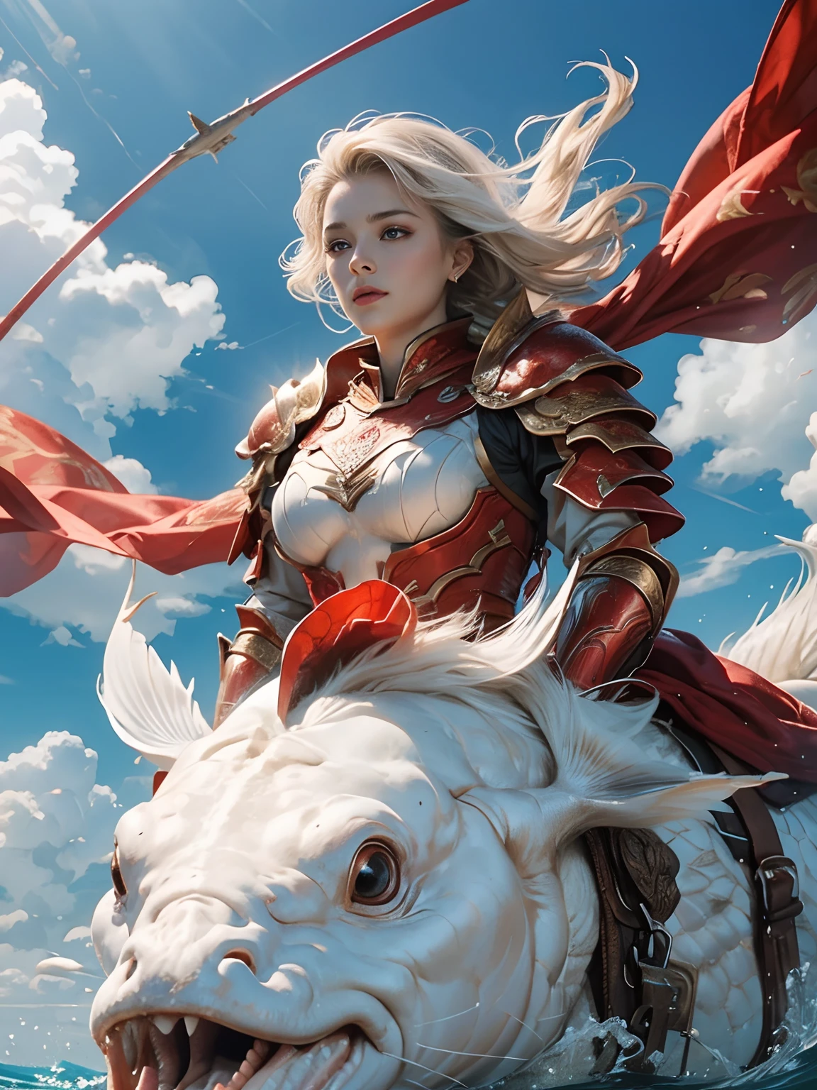 Close-up image of a woman's upper body.Beautiful woman riding a giant white carp. Carp floating in the sky. The woman is dressed in red armor.