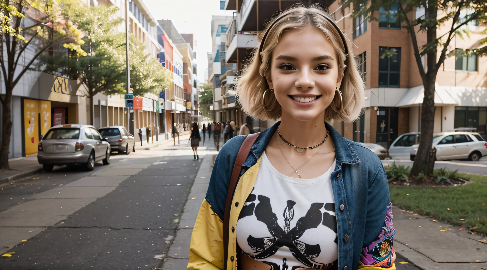 Generate an image of a Brazilian female student strolling happily through a bustling university campus. She's tall and slender, with striking short, platinum blonde hair that exudes a rebellious spirit. Her captivating light brown eyes sparkle with determination and curiosity, and she wears a bright, genuine smile.
She's dressed in a unique and colorful, abstract ensemble that showcases her vibrant personality. The clothes are an artistic blend of various colors and patterns, reflecting her bold and creative style. She's wearing a bold headset around her neck, ready to immerse herself in her music. As she walks, she carries a stack of graffiti-covered books in one hand, showcasing her passion for literature.
This distinctive student embodies the spirit of a cheerful, book-loving punk with a love for music and a flair for colorful and abstract fashion. She confidently navigates the lively atmosphere of the university campus.