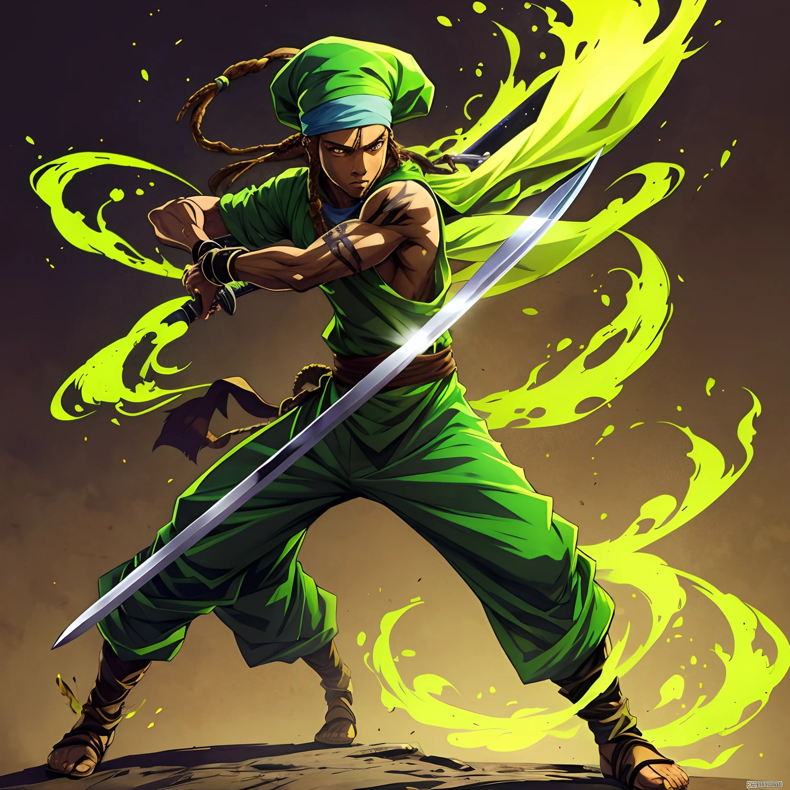 Full body, a swordsman who has three swords, with a doo rag on his head, Green clothes, scars all over his body, dreadlocks, and dark-skinned, Full body remove extra leg