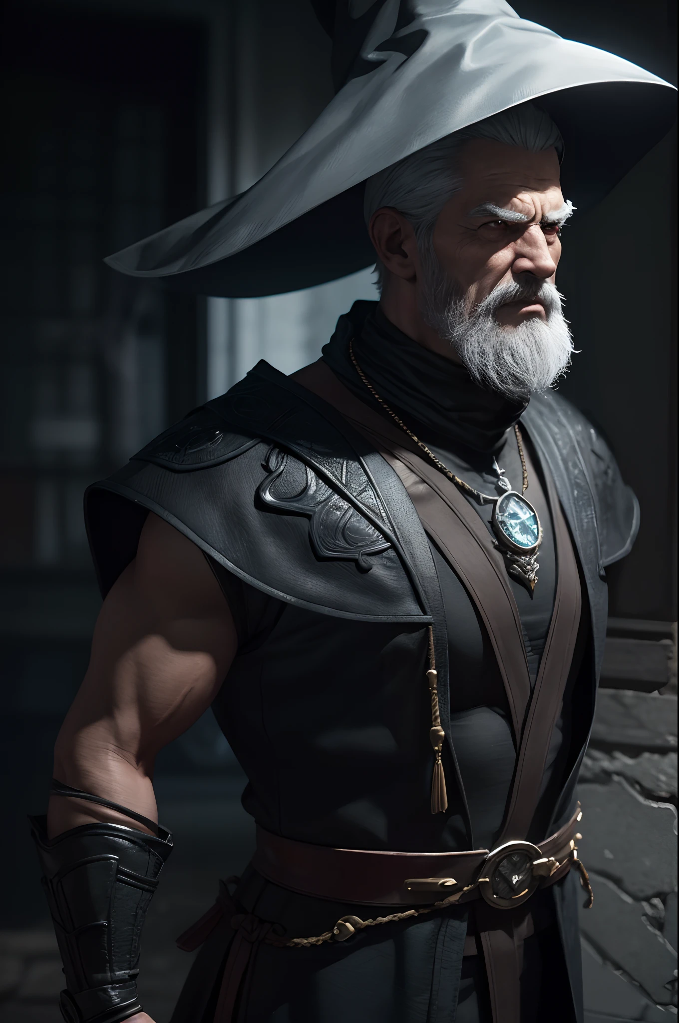 3D Graphics, ((Merlin)), 1male, (Wizard Hat), old age, grey bearded, grey hair, Merlin in Mortal Kombat 11.
