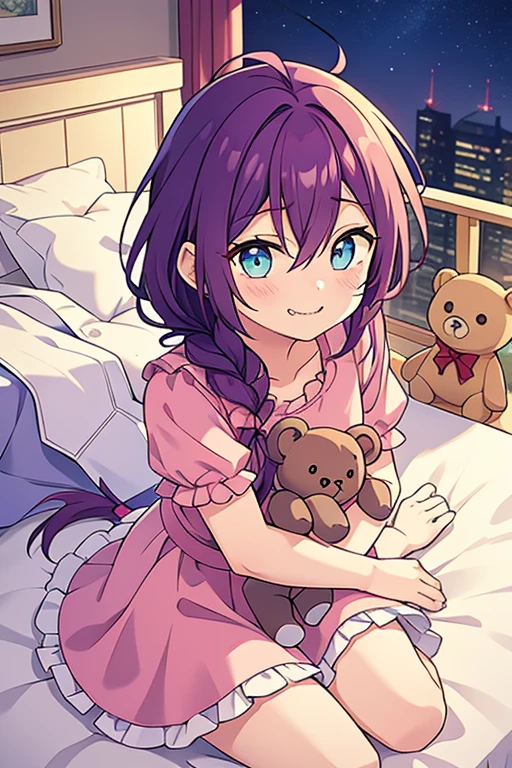 long hair, mole under mouth, purple hair, single braid, hair between eyes, aqua eyes, sharp teeth, ahoge, 1girl, blush, smile, cowboy shot, little girl, pink dress, teddy bear, hug, bed, sitting