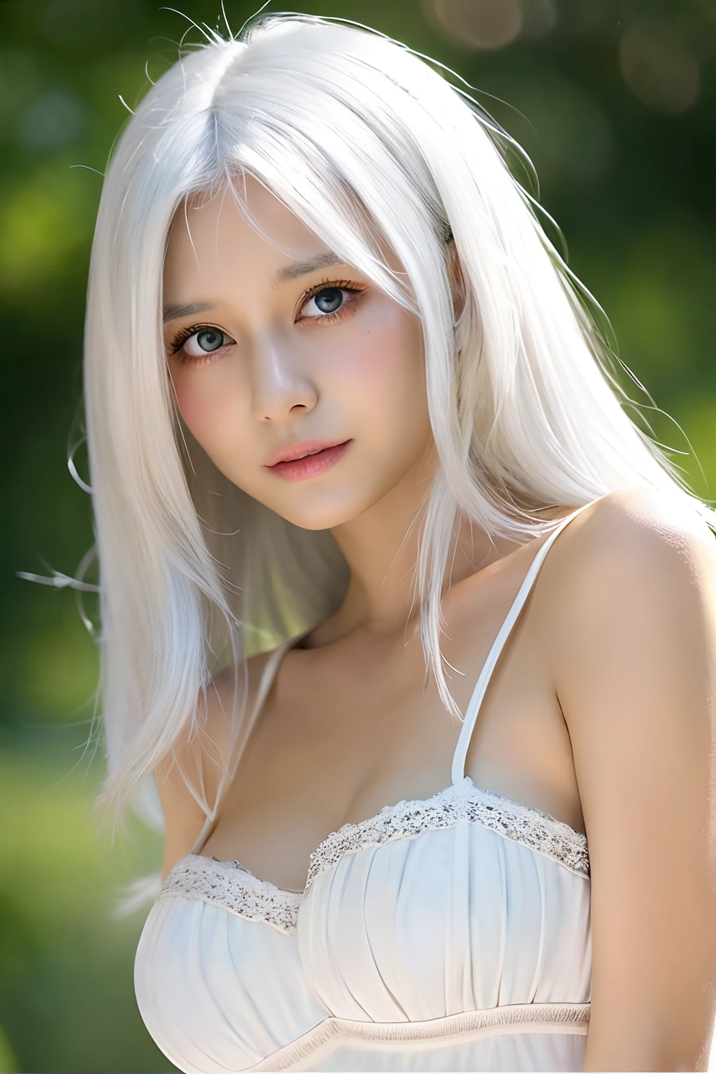 Expression of face、White dress、((infp young woman))、mirai_Aizawa、White hair、glamorous、huge tit、dual、Eyes are patchy、The nose is clear、Sexy