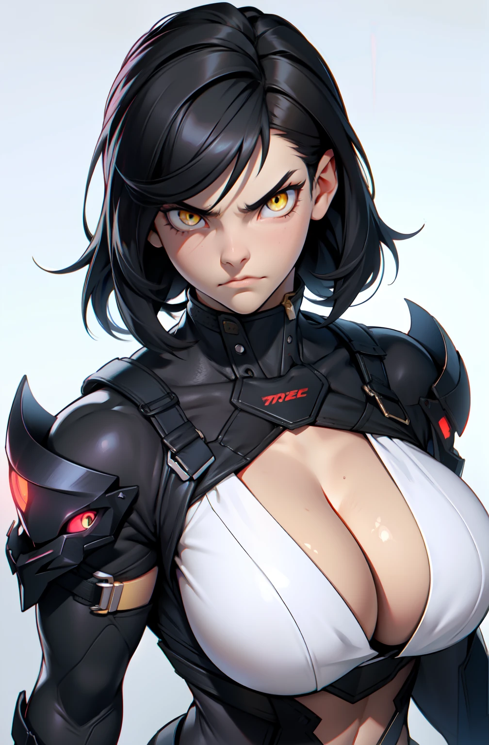 muscular girl huge breasts yellow eyes black hair pale skin frowning