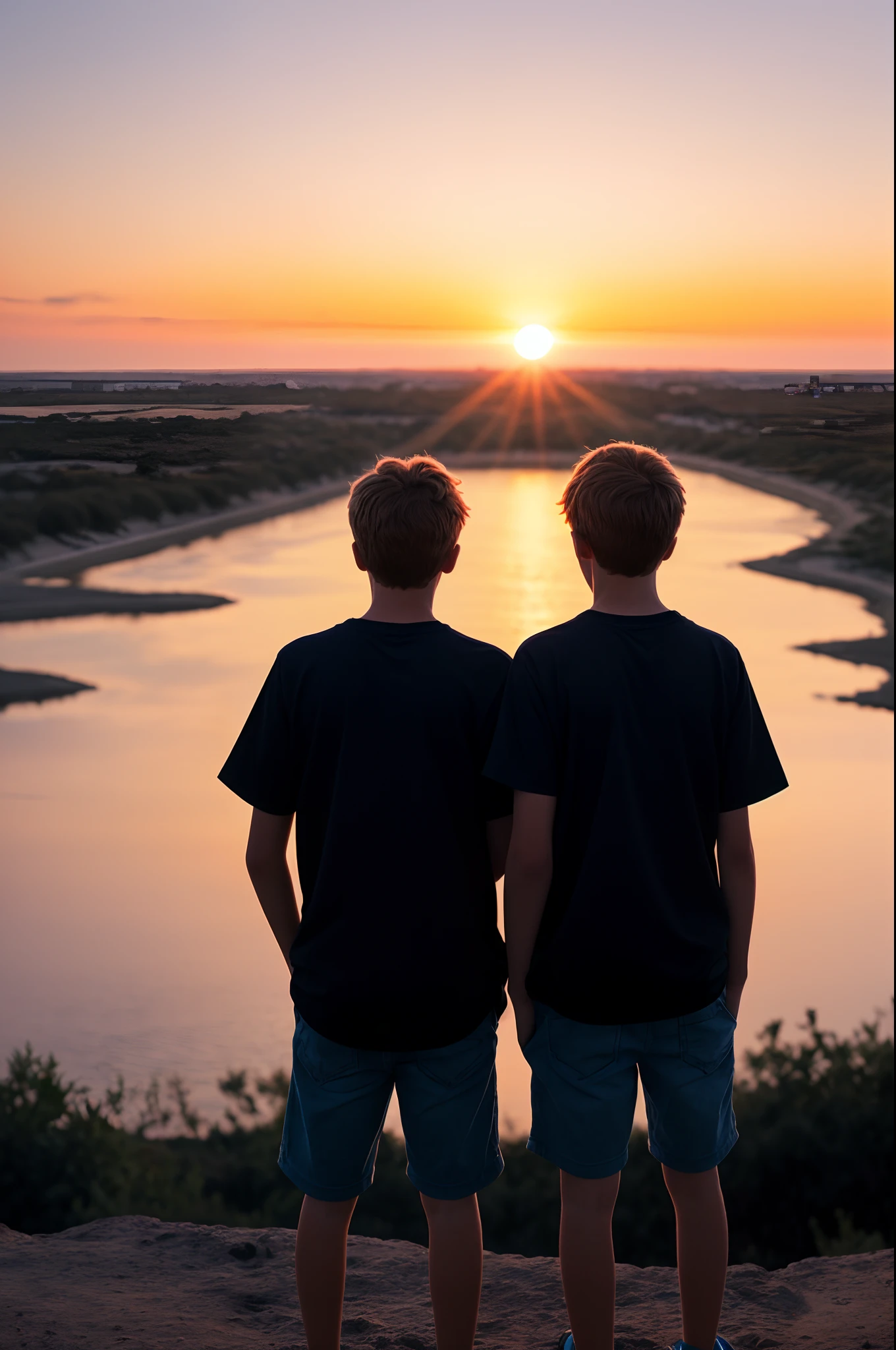 Two boys looking sunset ,camera view to their back,2d animated