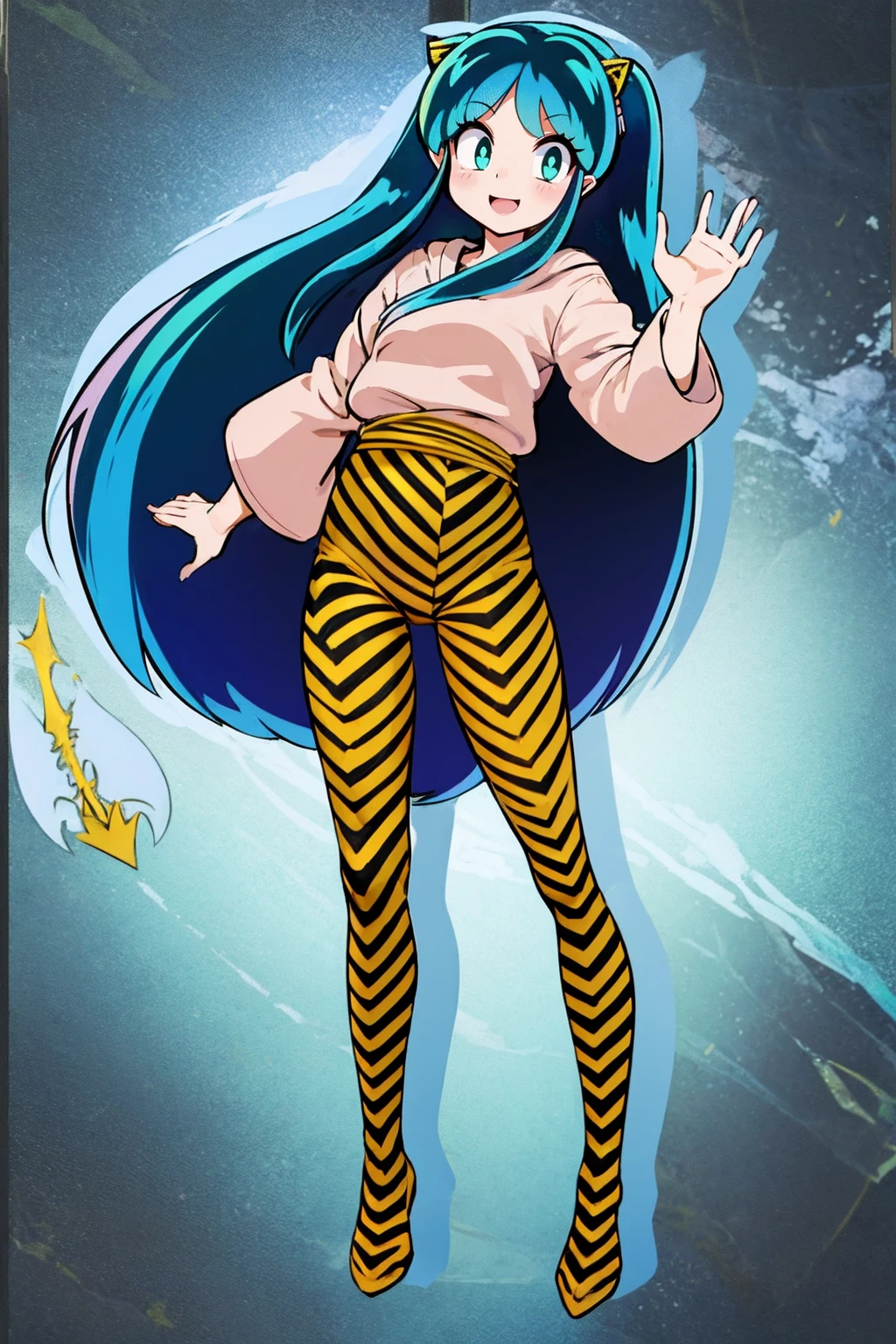 lum, , superhero costume, urusei yatsura, cloak, pants, pullover, kimono,martial pov,, pantyhose, sharpteeth, standing,smile, matial art