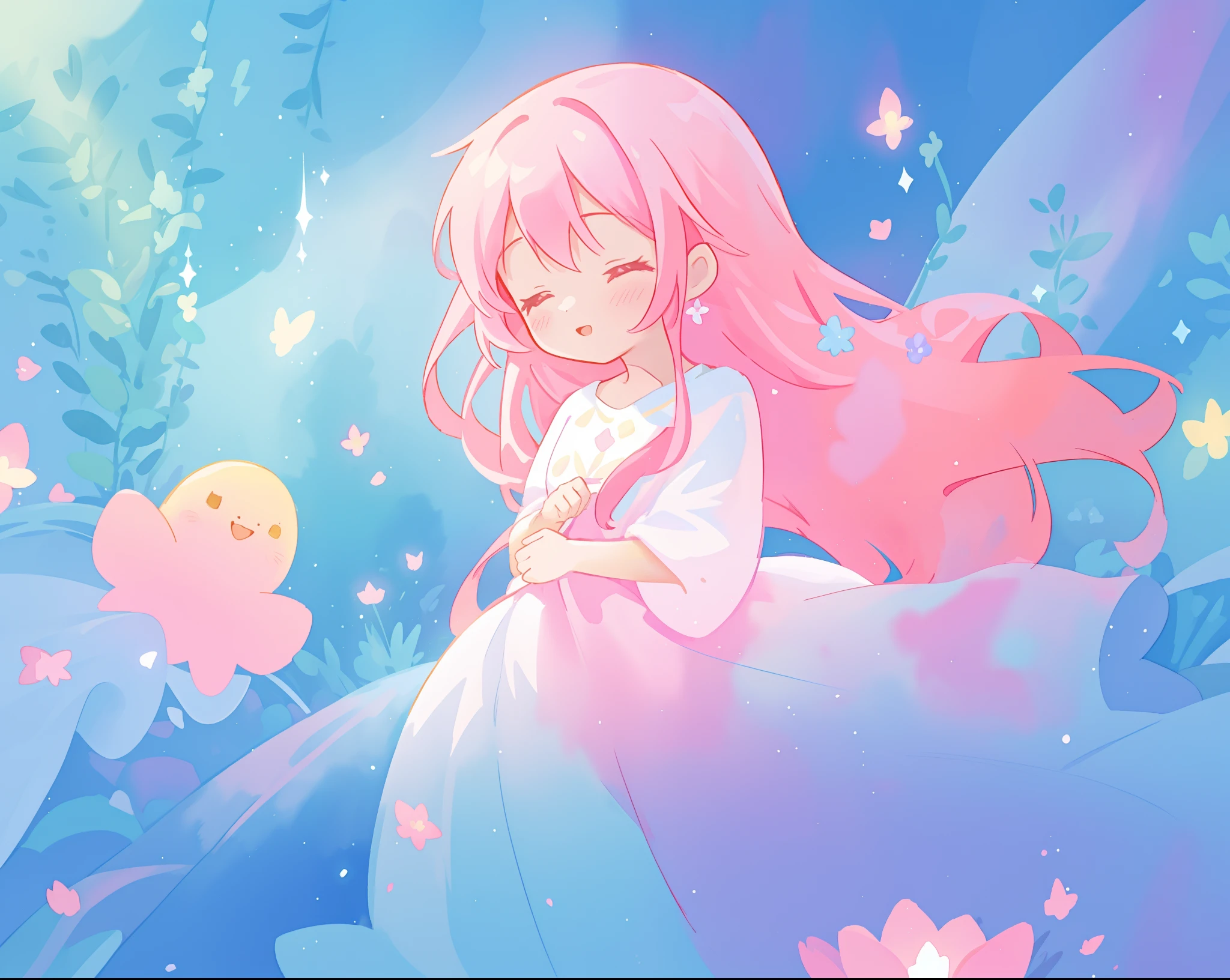 beautiful girl in sparkling flowing dress, long flowing pink hair, colorful fantasia background, watercolor illustration, disney art style, glowing aura around her, glowing lights, beautiful digital illustration, fantasia otherworldly landscape plants flowers, beautiful, masterpiece, best quality, anime disney style